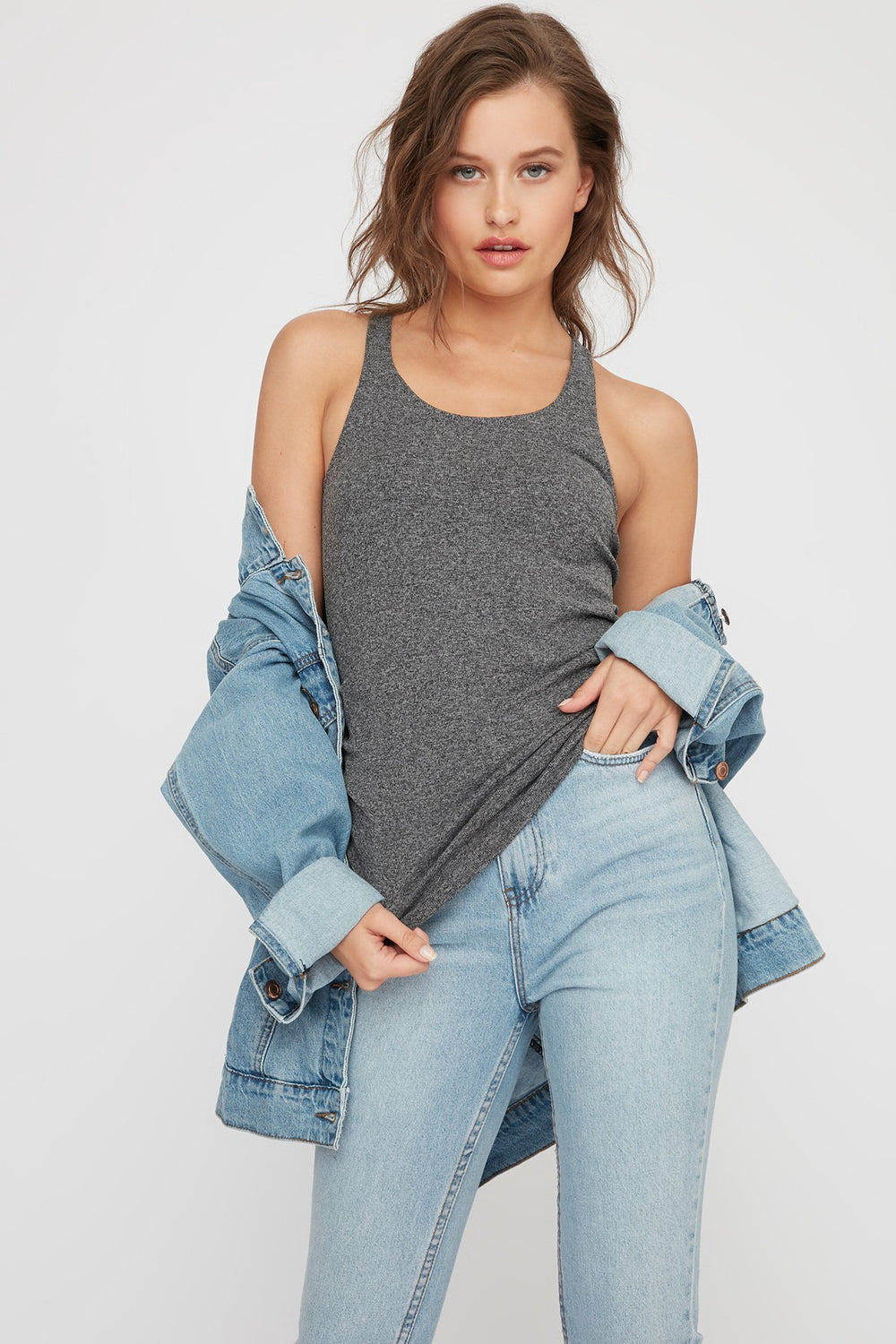 Women Scoop Neck Ribbed Tank Black with White