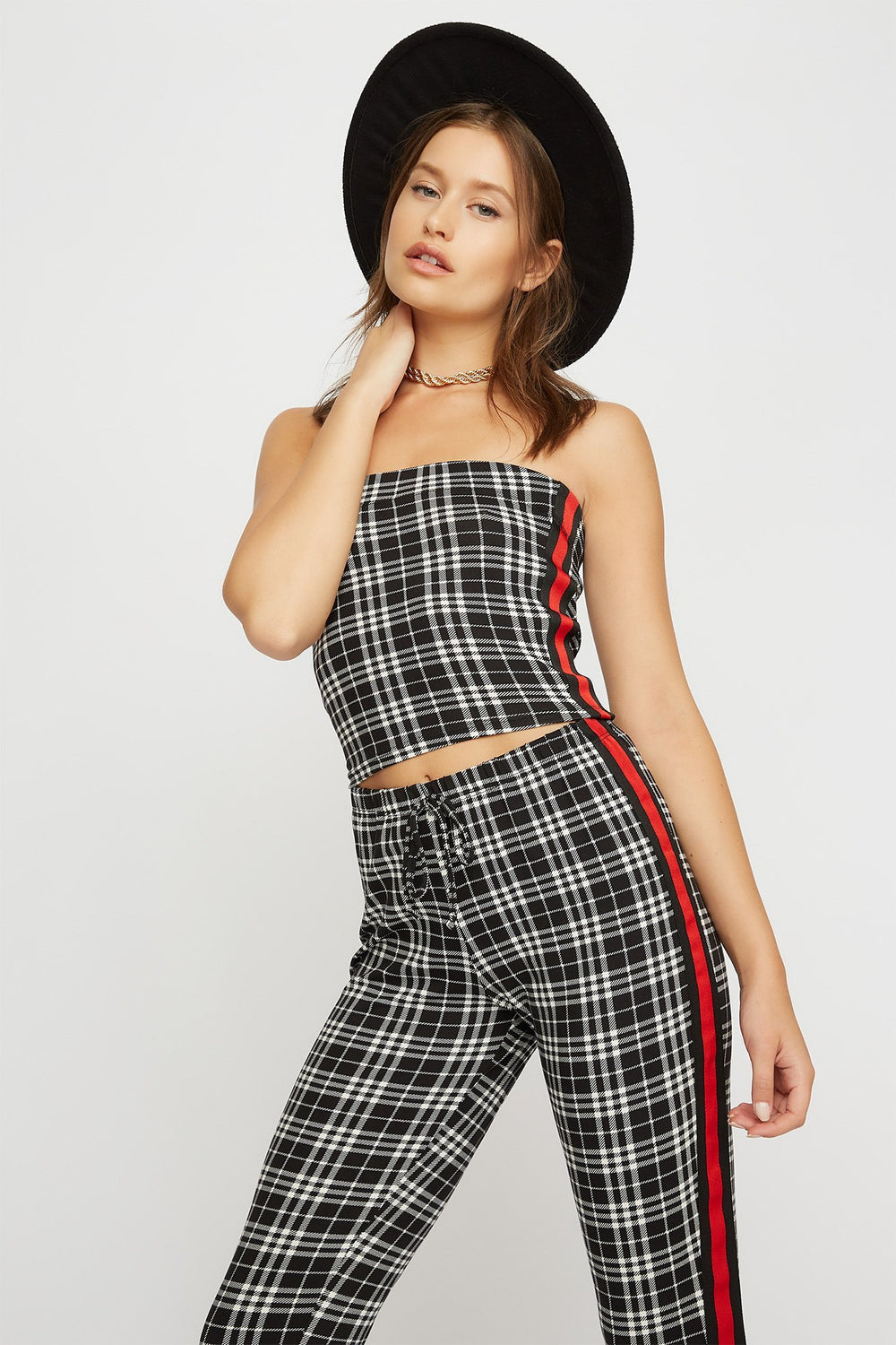 Women Side Stripe Printed Tube Top Black with White