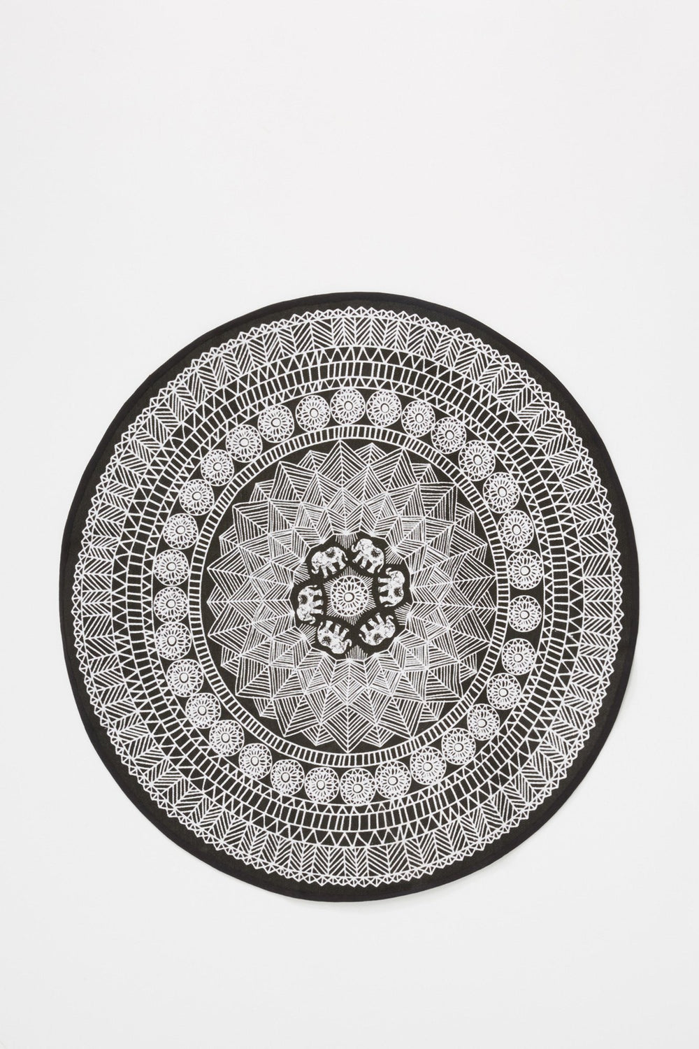 Women Tribal Printed Round Rug Black with White
