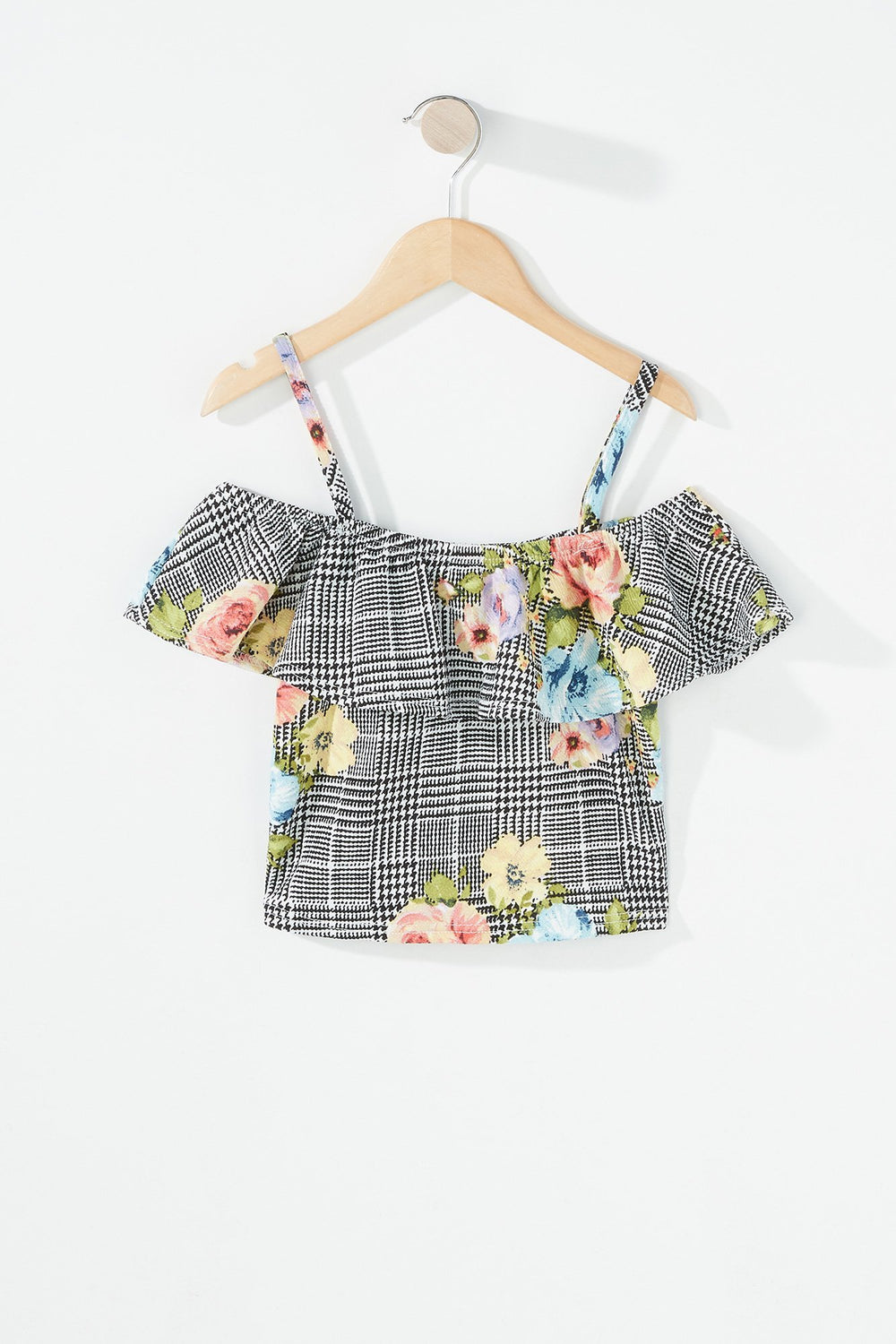 Kids Girls 2-Piece Floral Ruffle Blouse & Skirt Set Black with White