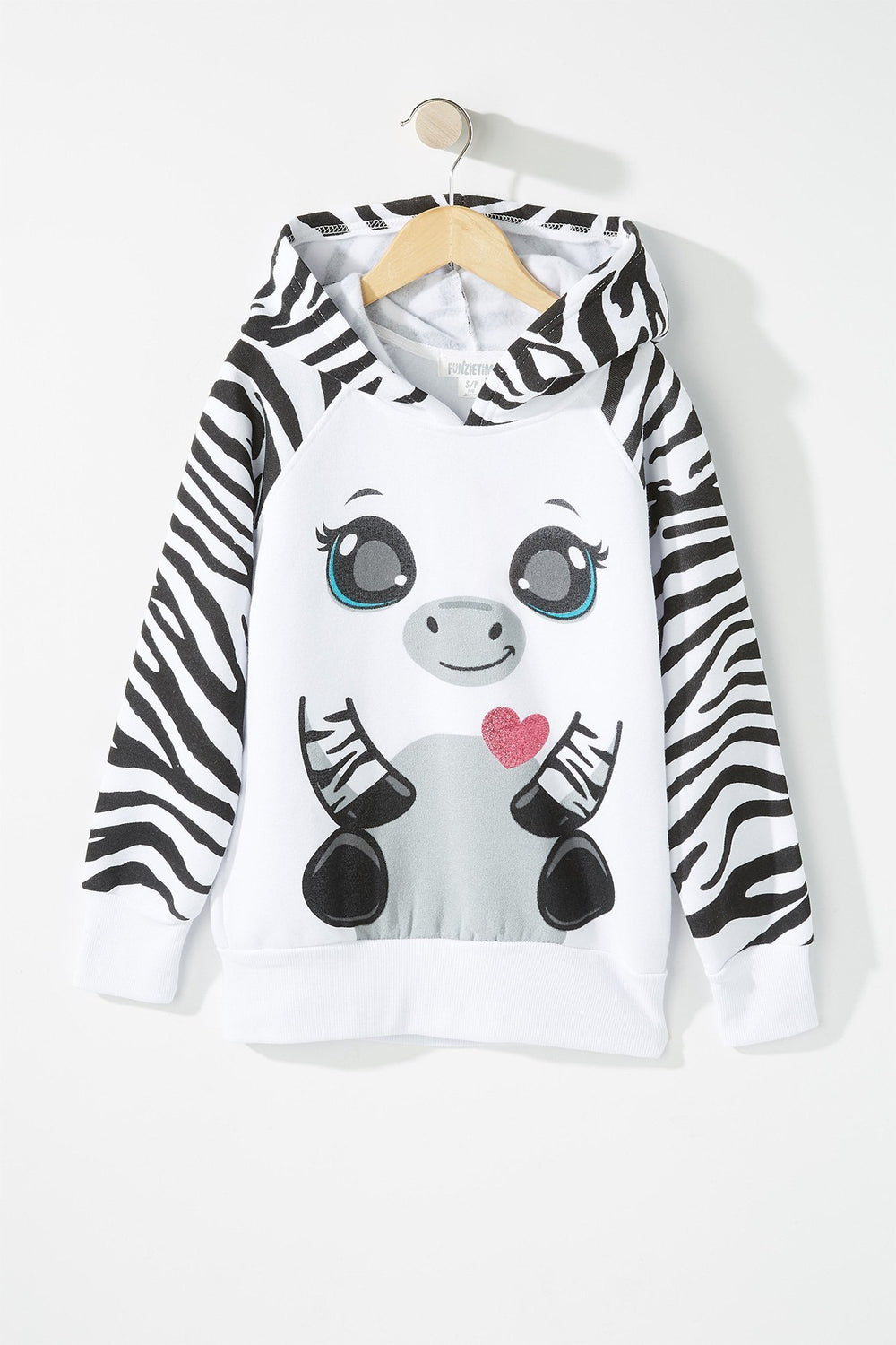 Kids Girls Black & White Zebra Graphic Popover Hoodie Black with White