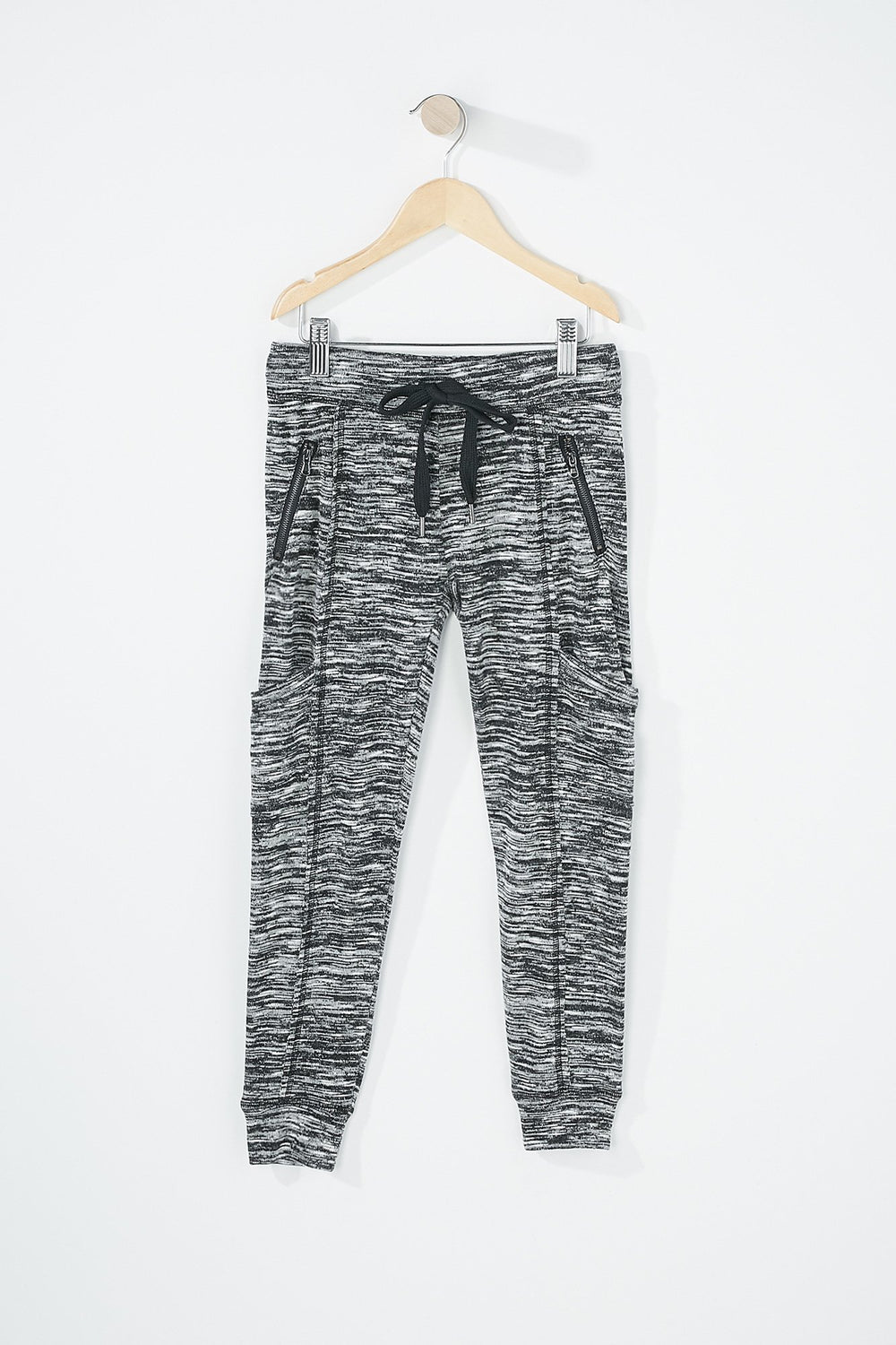 Kids Girls Space-Dye Fleece Drawstring Pocket Jogger Black with White
