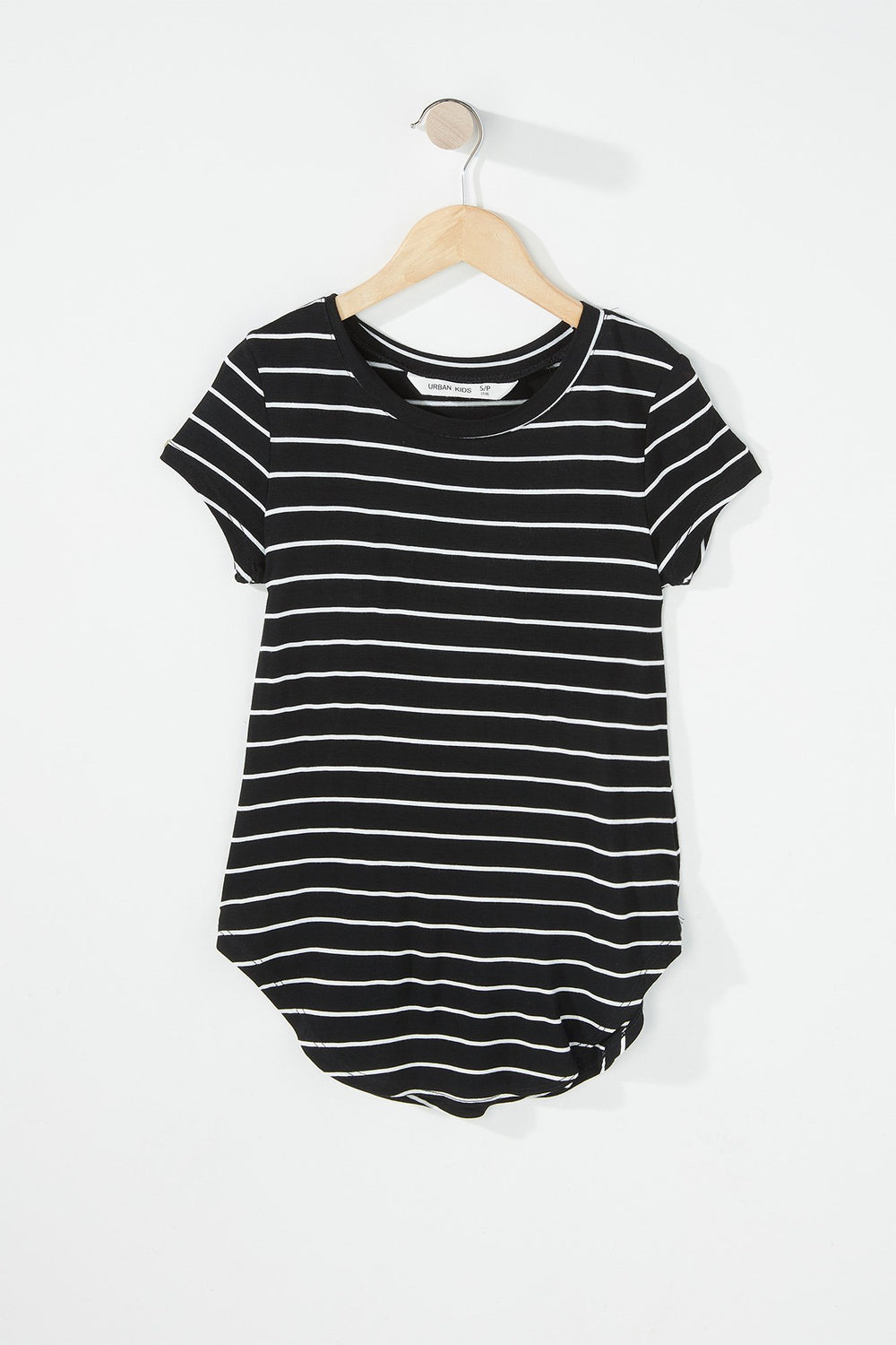 Kids Girls Striped Dolphin Hem Lightweight T-Shirt Black with White