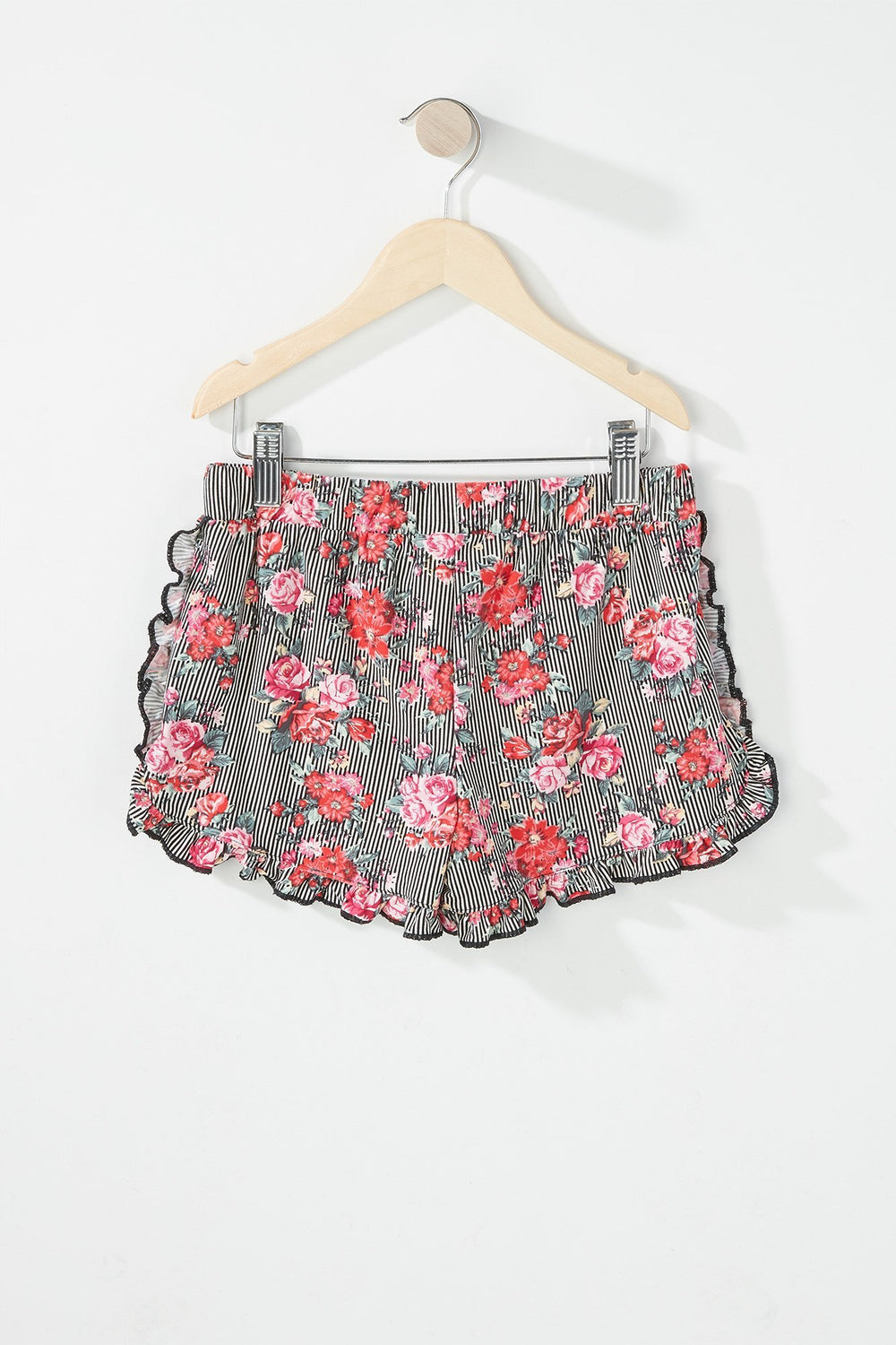 Kids Girls Striped Floral Ruffle Drawstring Short Black with White