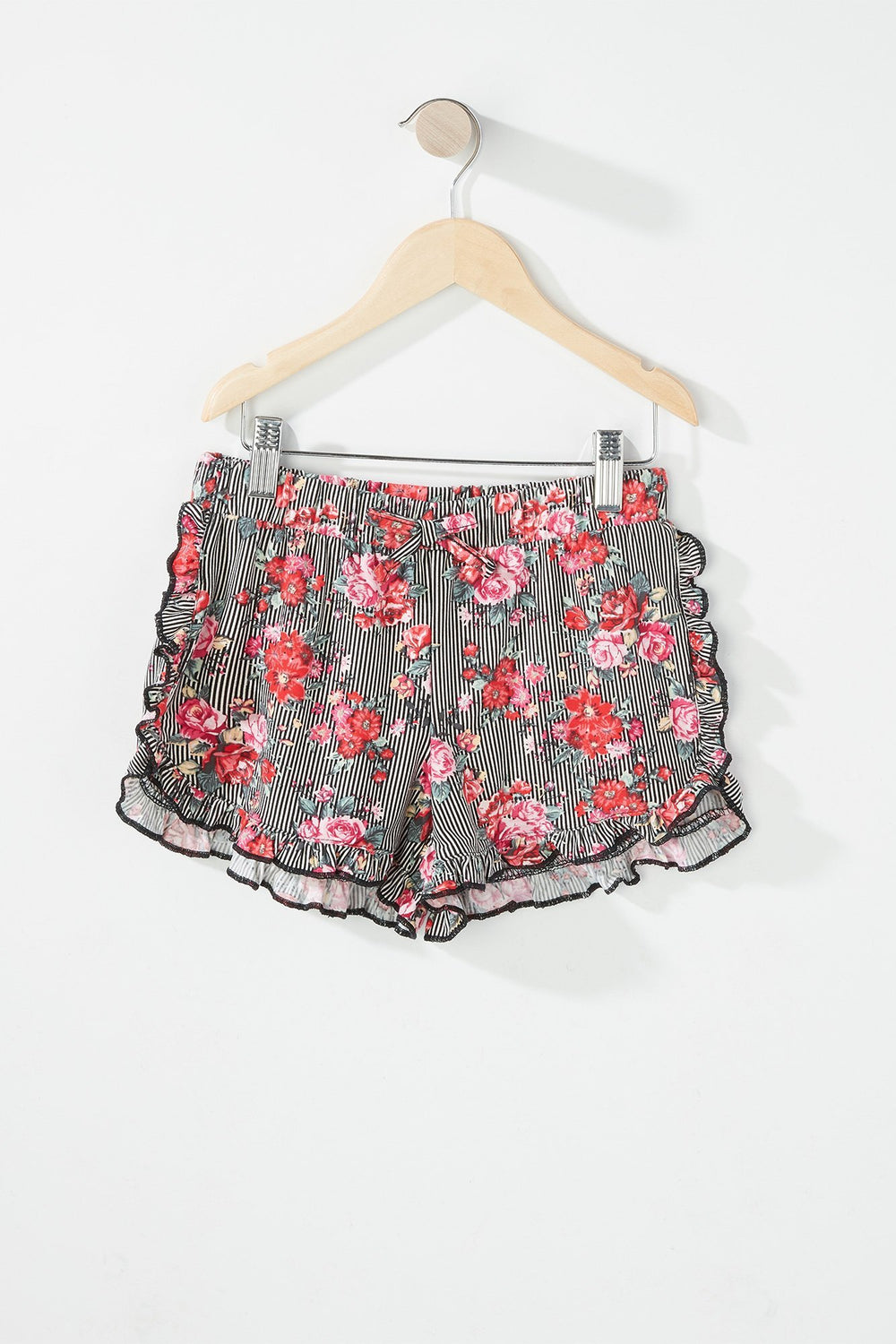 Kids Girls Striped Floral Ruffle Drawstring Short Black with White