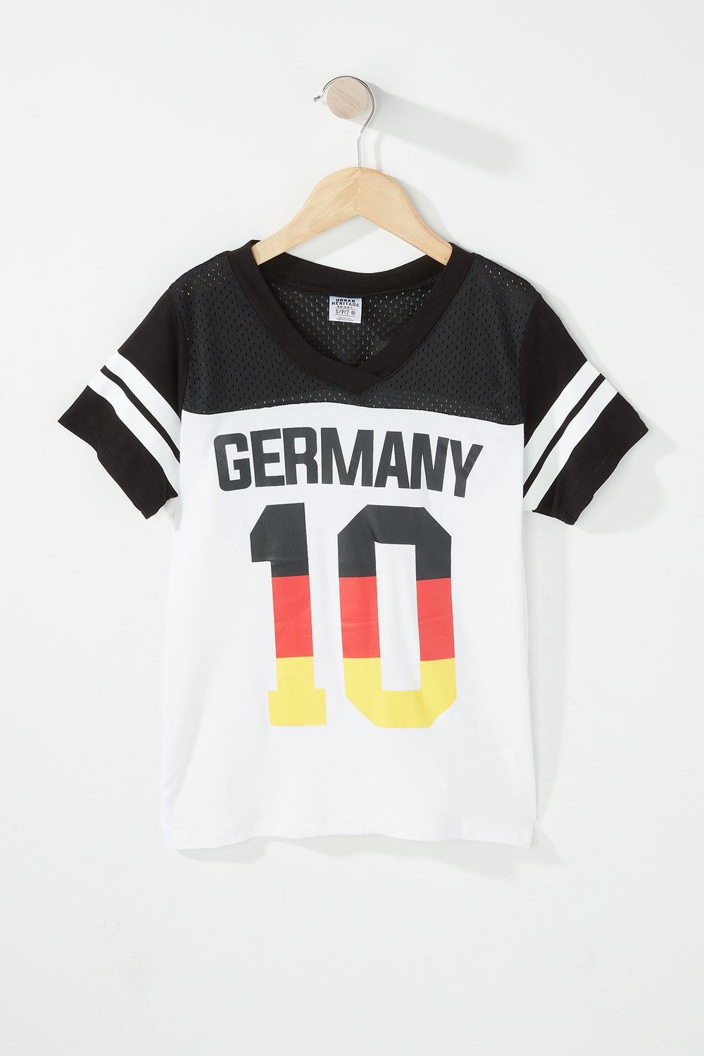 Kids Girls World Cup V-Neck Mesh Varsity Striped T-Shirt Black with White