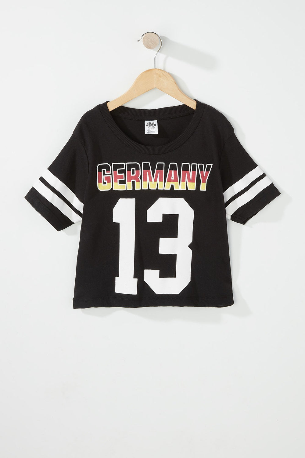 Kids Girls World Cup Varsity Striped Cropped Graphic T-Shirt Black with White
