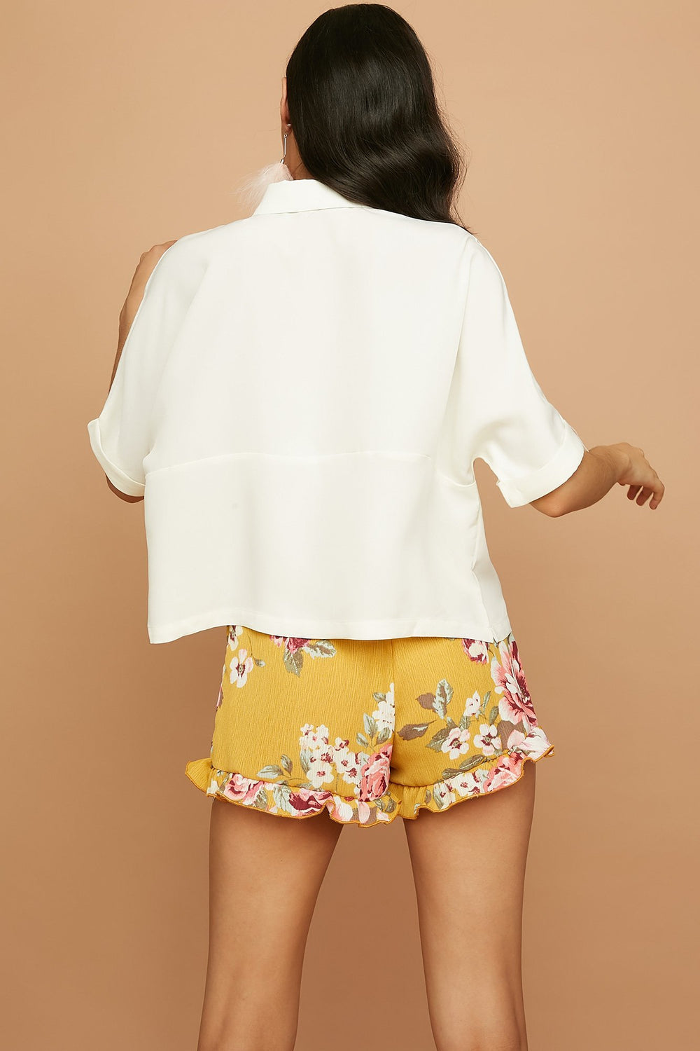 Women Blouse courte boutonnée tissée Blanc cassé