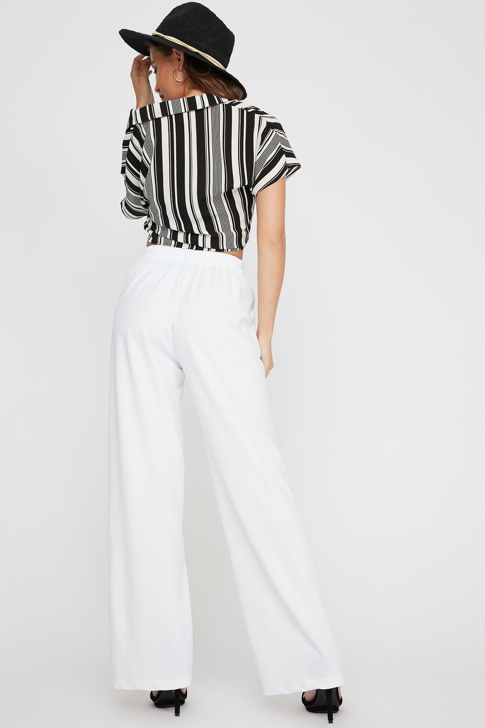 Women Pantalon à enfiler à taille haute et jambe large Blanc cassé