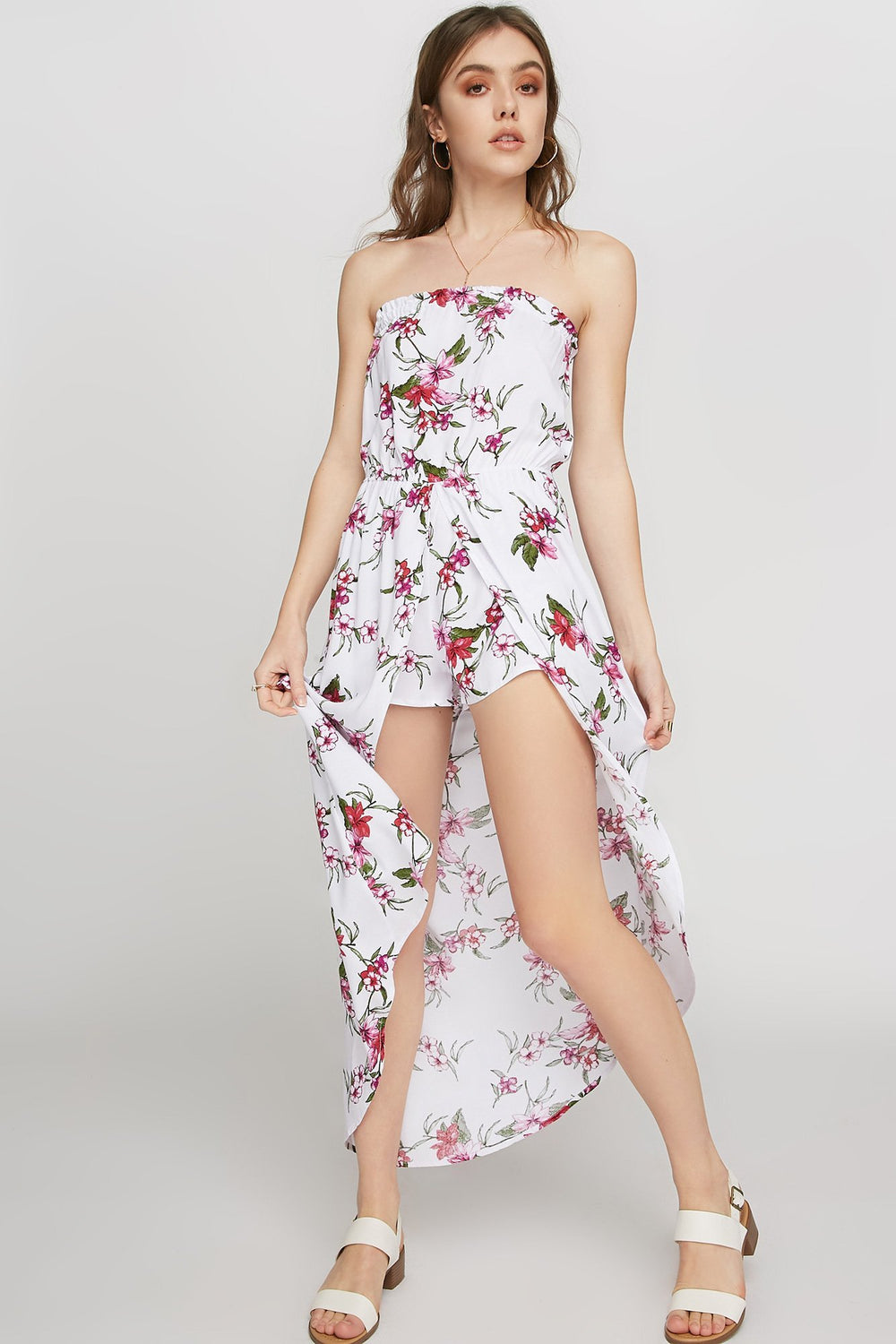 Women Combi-short fleuri sans bretelles Blanc cassé