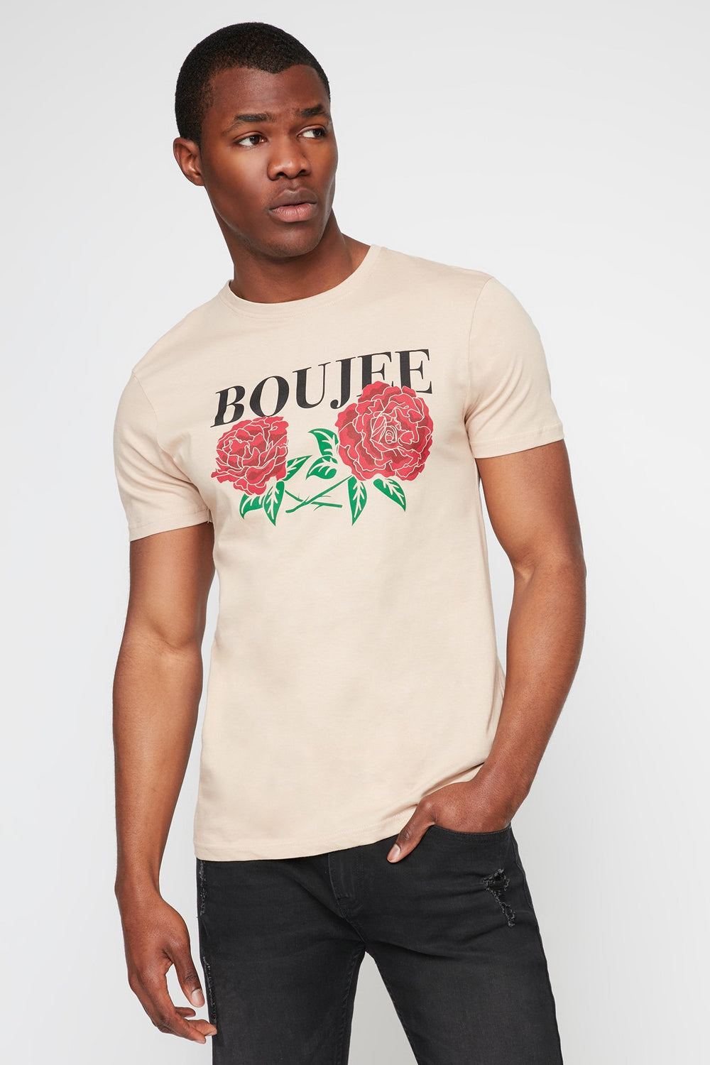 Men T-shirt fleuri à imprimé Boujee Blanc cassé