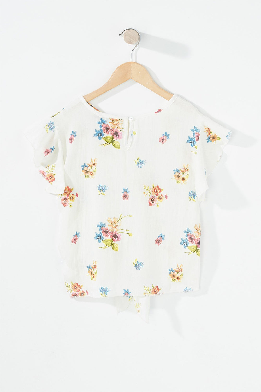 Kids Blouse volantée fleurie nouée devant avec attache pour fille Blanc cassé