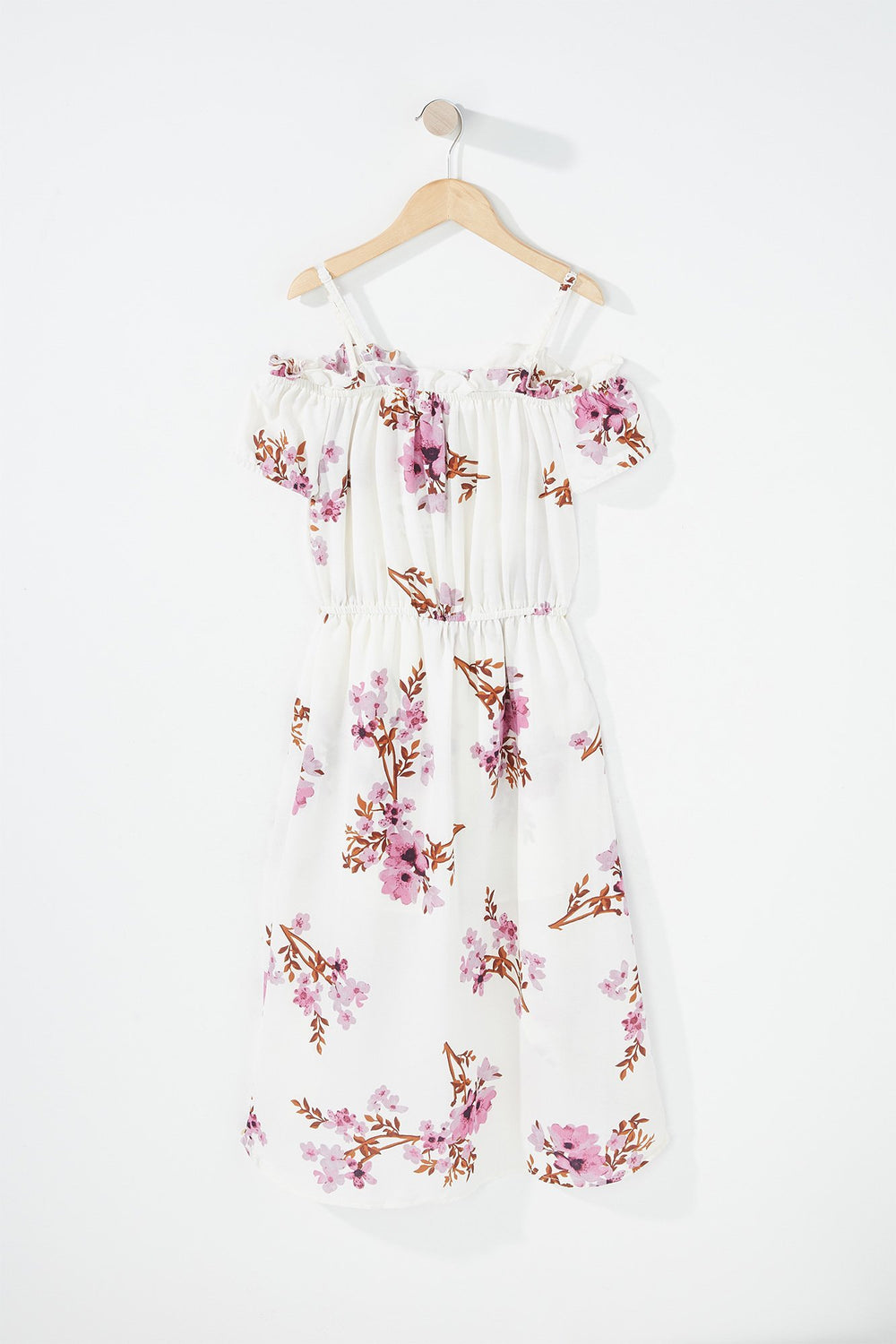 Kids Combi-short volanté fleuri à épaules dénudées et taille coulissante pour fille Blanc cassé