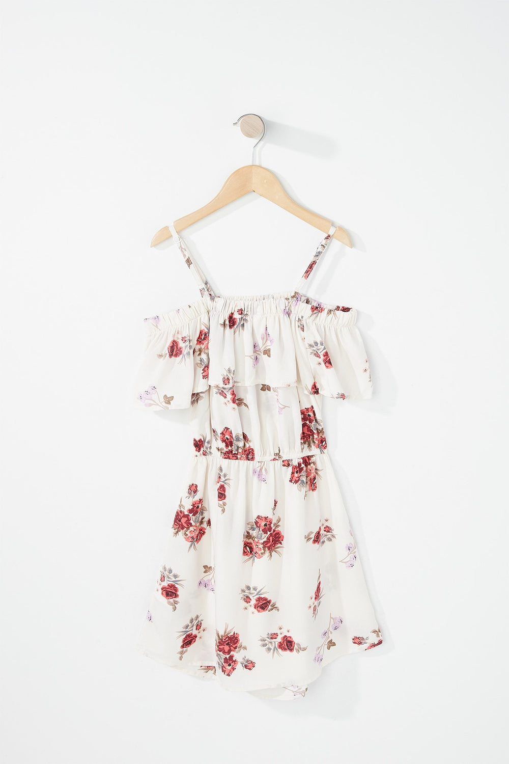 Kids Robe volantée imprimée à épaules dénudées et taille coulissante pour fille Blanc cassé