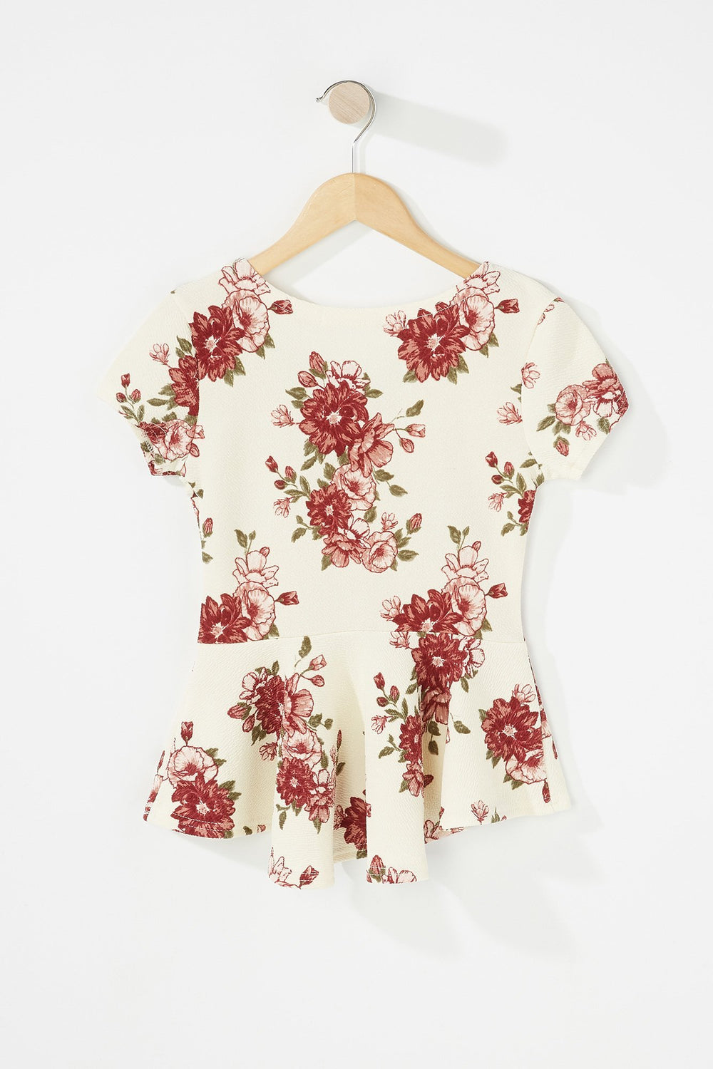 Kids T-shirt à basque fleuri à encolure arrondie avec collier pour fille Blanc cassé
