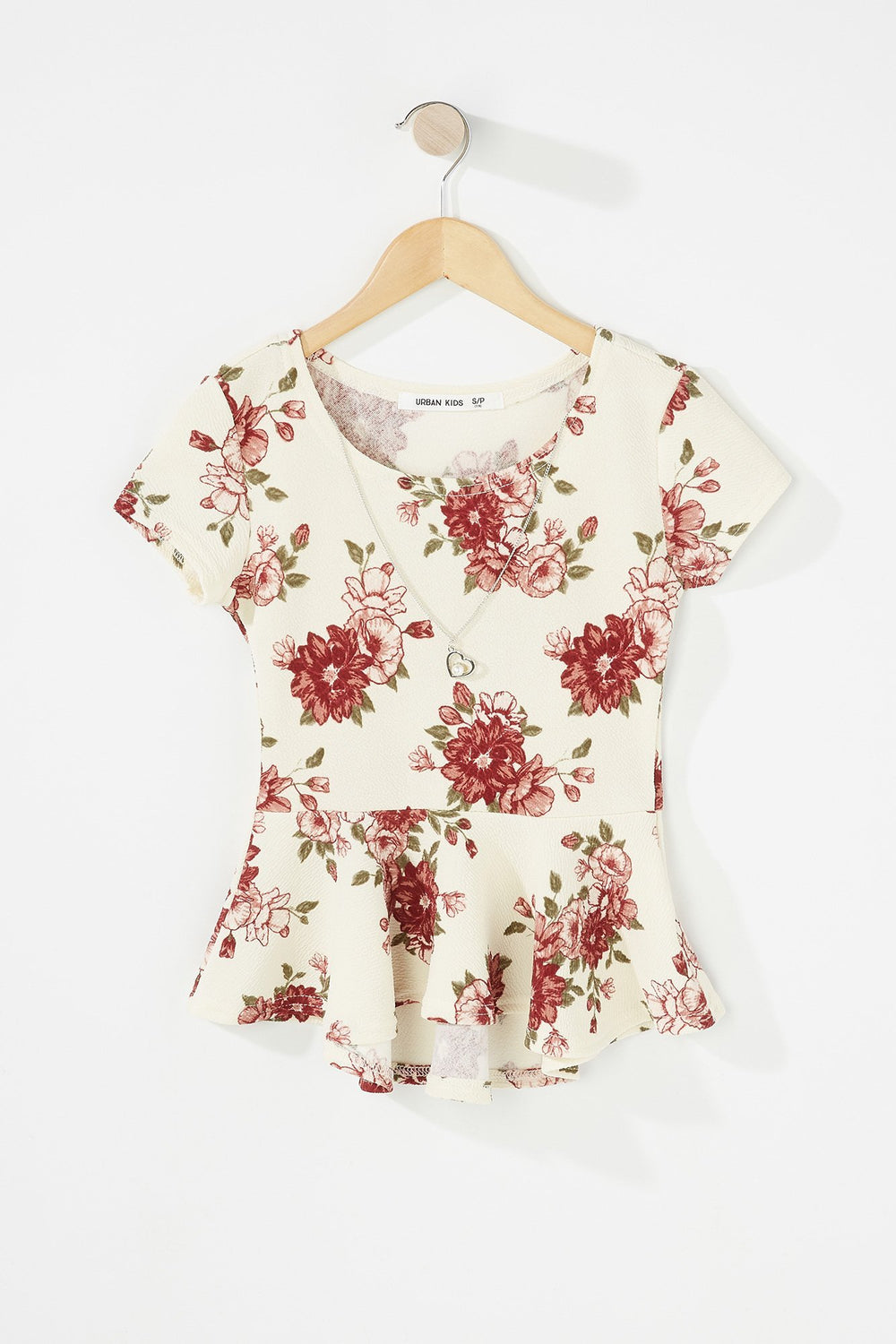 Kids T-shirt à basque fleuri à encolure arrondie avec collier pour fille Blanc cassé