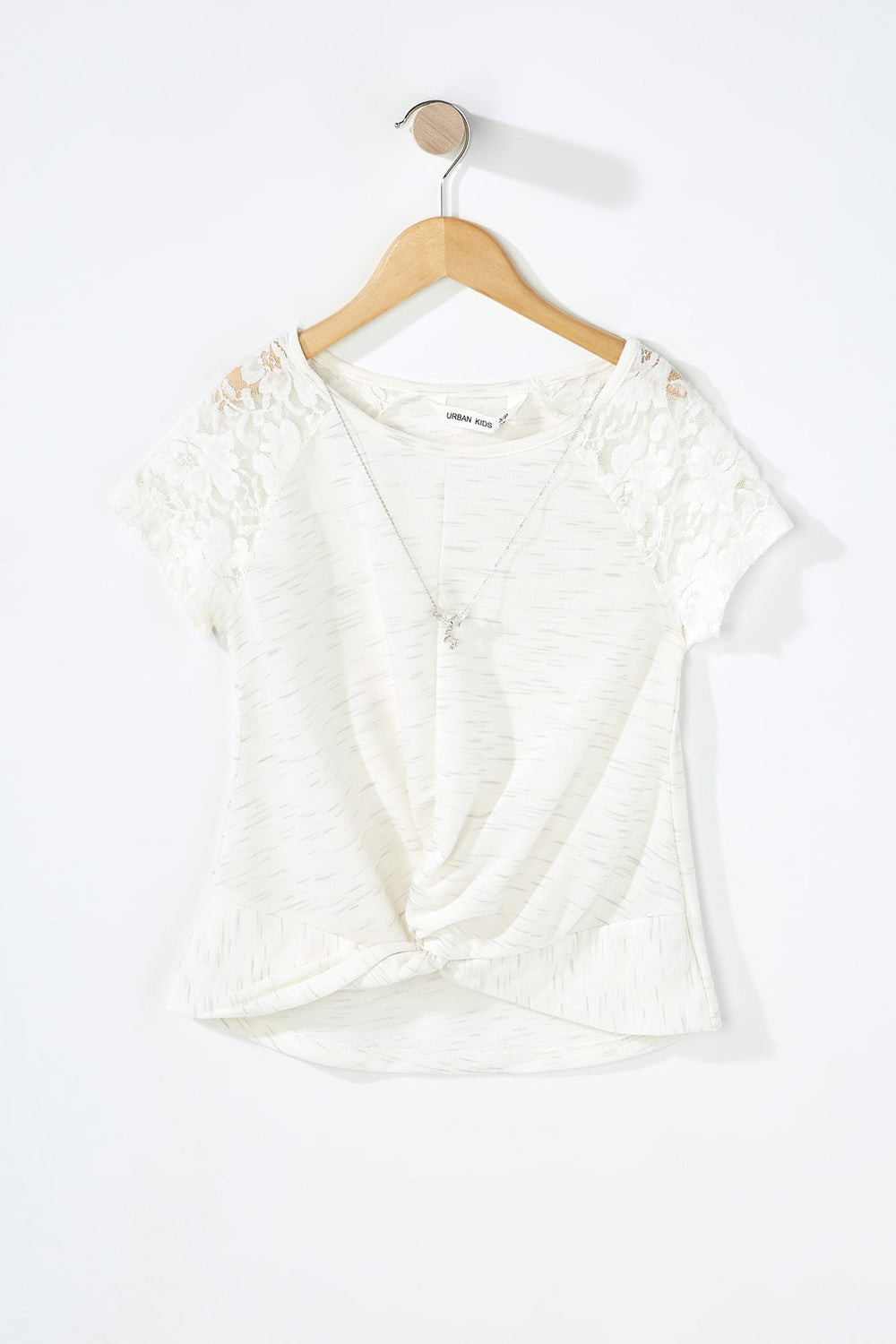 Kids T-shirt noué devant avec manches en dentelle et collier pour fille Blanc cassé