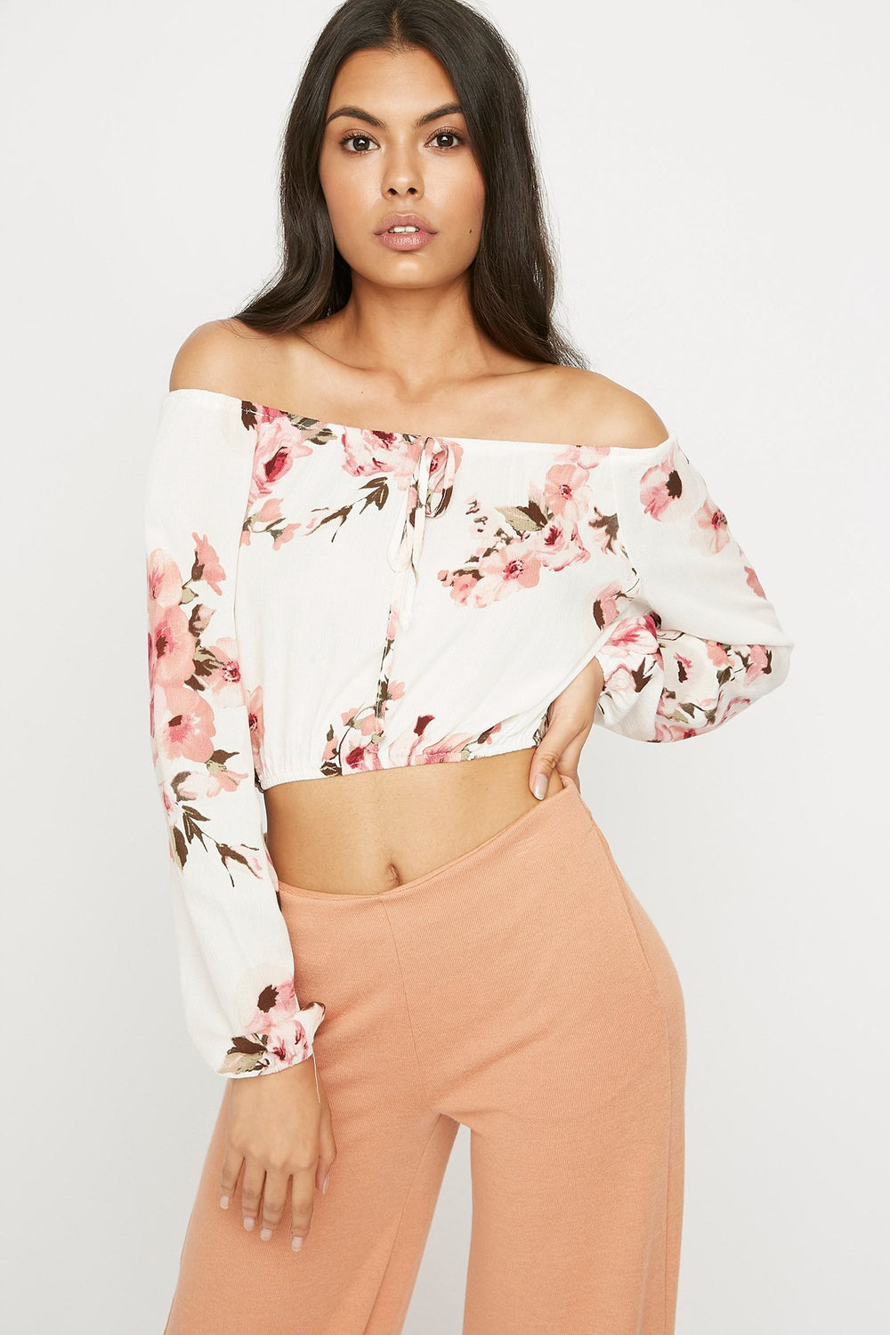 Women Blouse courte cintrée imprimée à épaules dénudées et taille coulissante Blanc