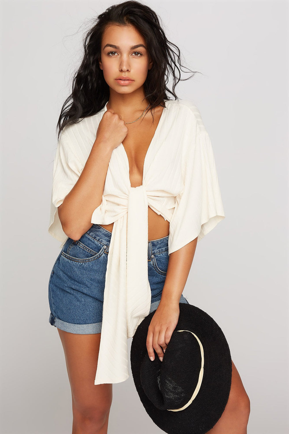 Women Cardigan-kimono côtelé avec attache Blanc