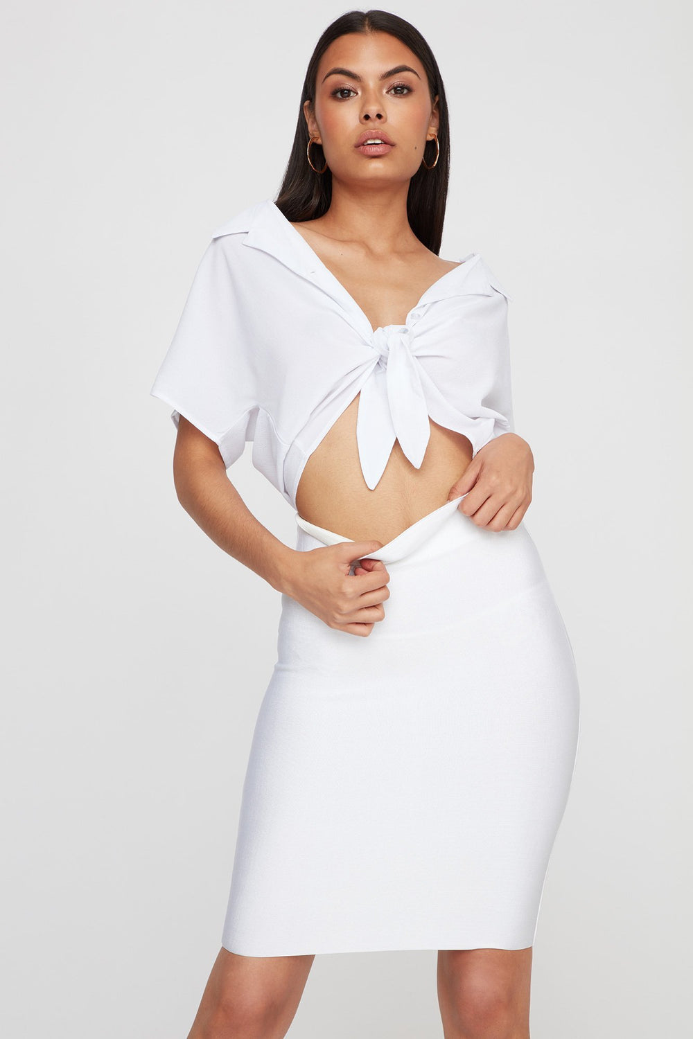 Women Jupe midi moulante côtelée à taille haute Blanc