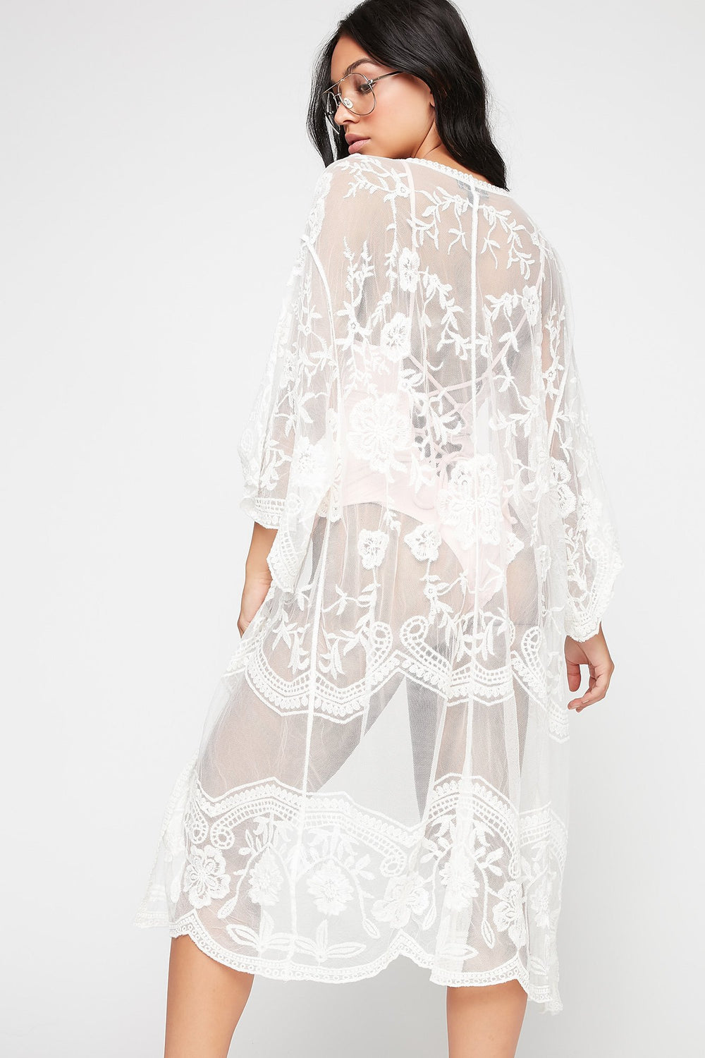 Women Kimono long fleuri en dentelle avec filet Blanc