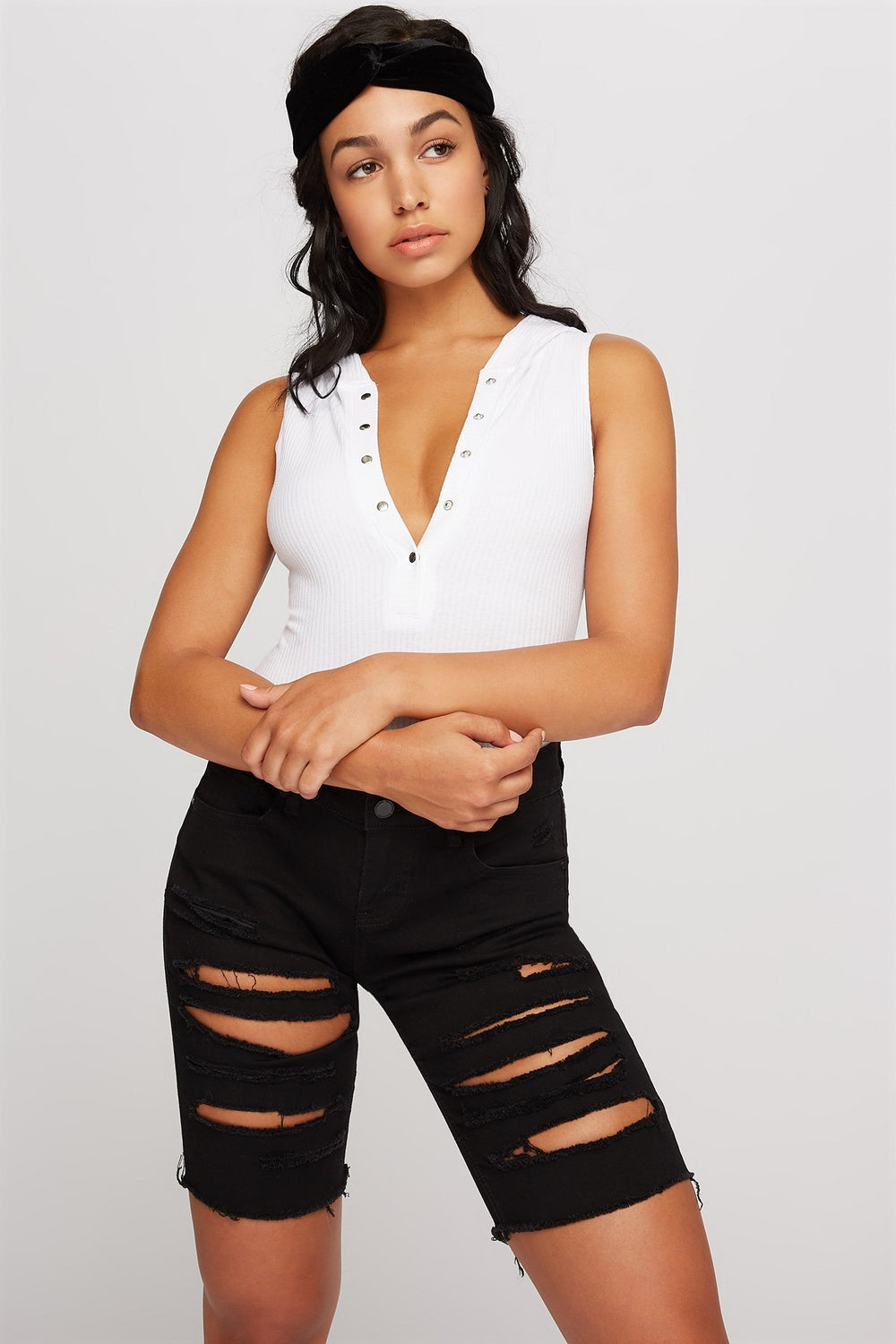 Women Maillot boutonné côtelé à capuchon Blanc