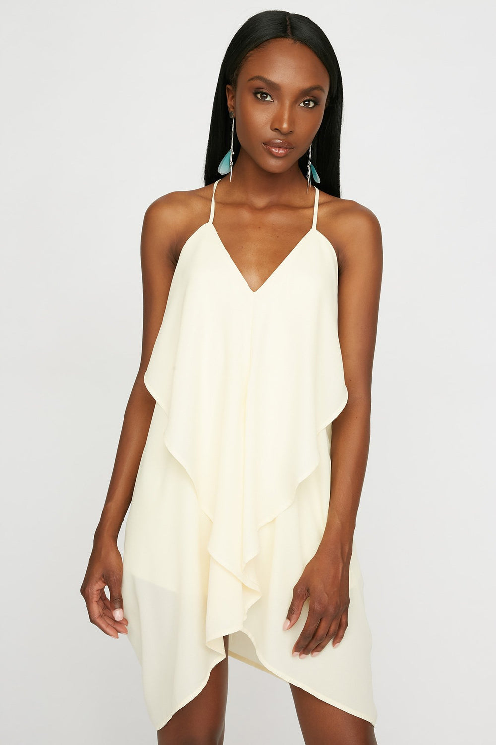 Women Minirobe cache-cur volantée à encolure en V Blanc