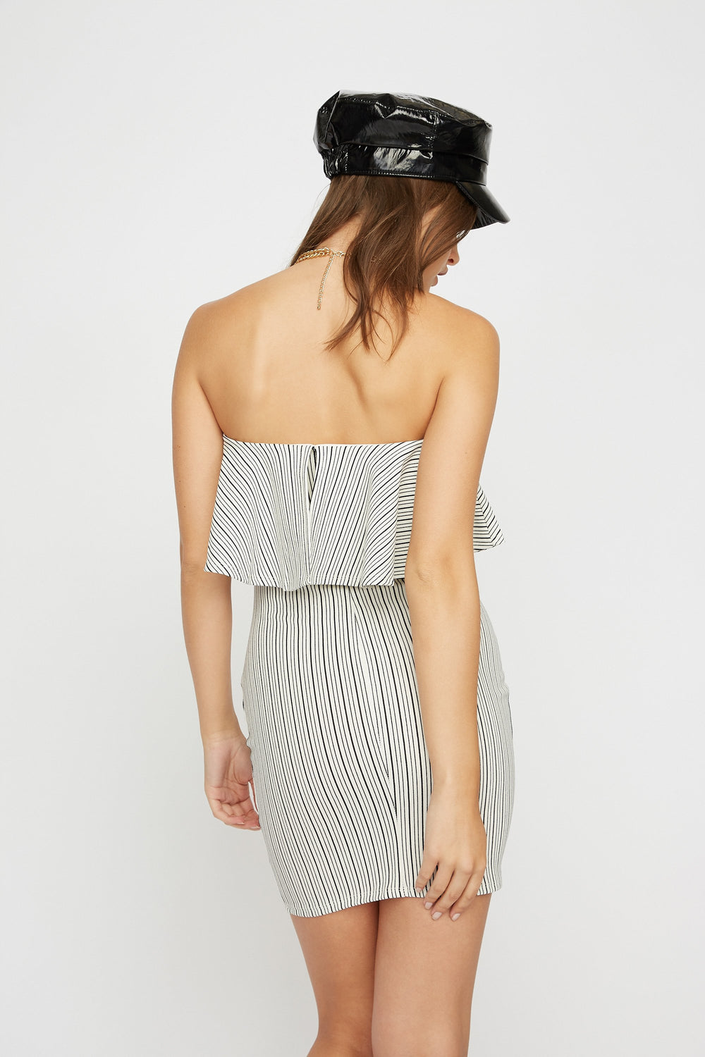 Women Minirobe moulante sans bretelles volantée imprimée à décolleté en cur Blanc