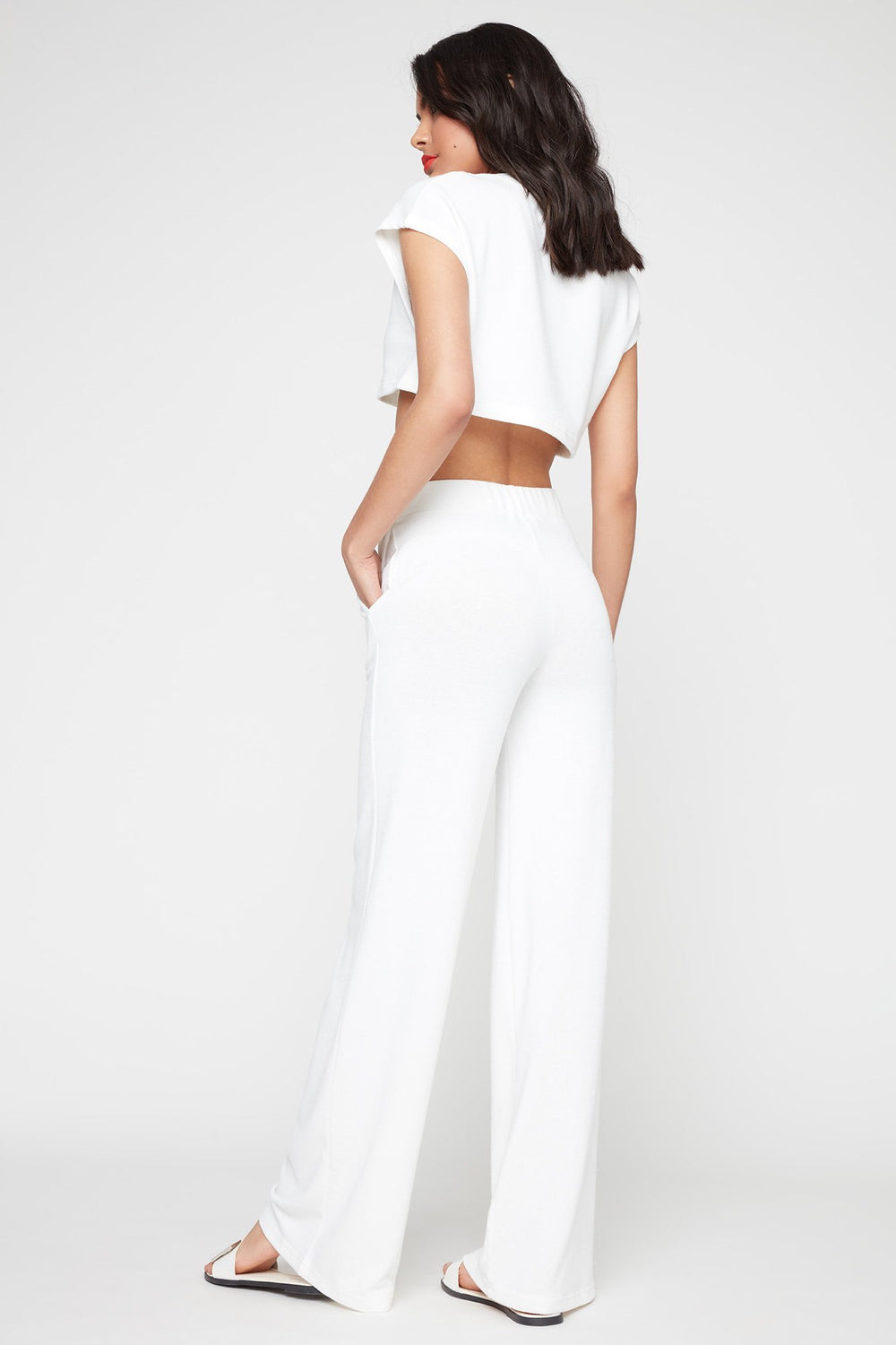 Women Pantalon à taille haute en tricot à jambe large Blanc