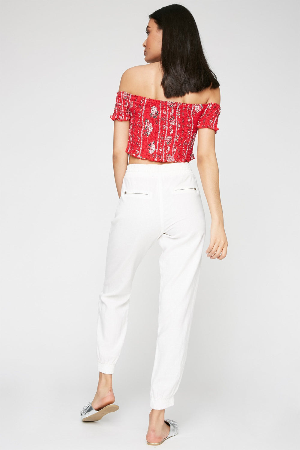 Women Pantalon de jogging en lin avec fermeture à glissière et taille coulissante Blanc