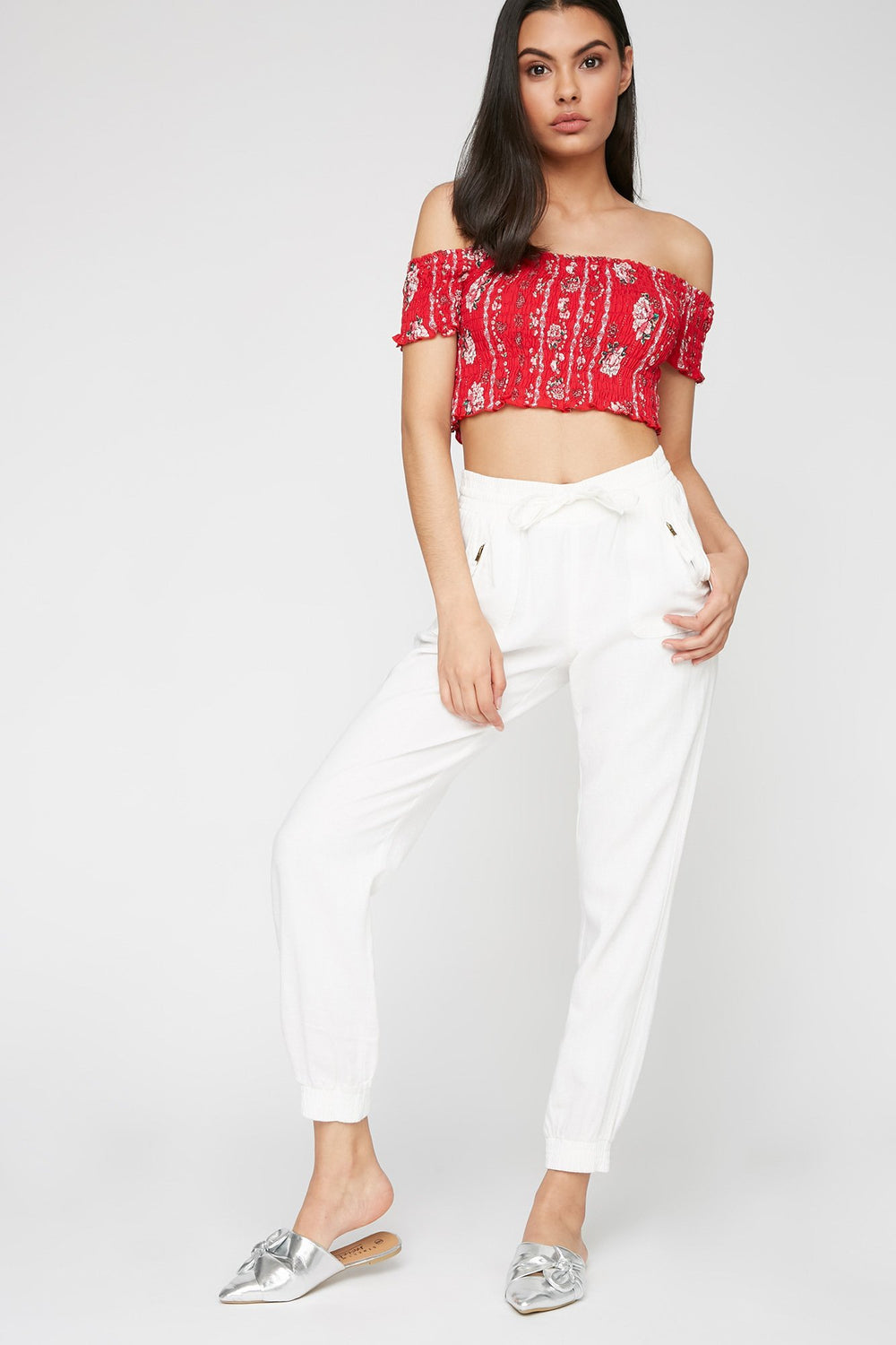 Women Pantalon de jogging en lin avec fermeture à glissière et taille coulissante Blanc