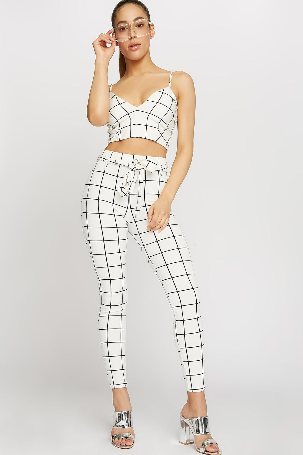 Women Pantalon étroit taille haute à carreaux avec attache Blanc