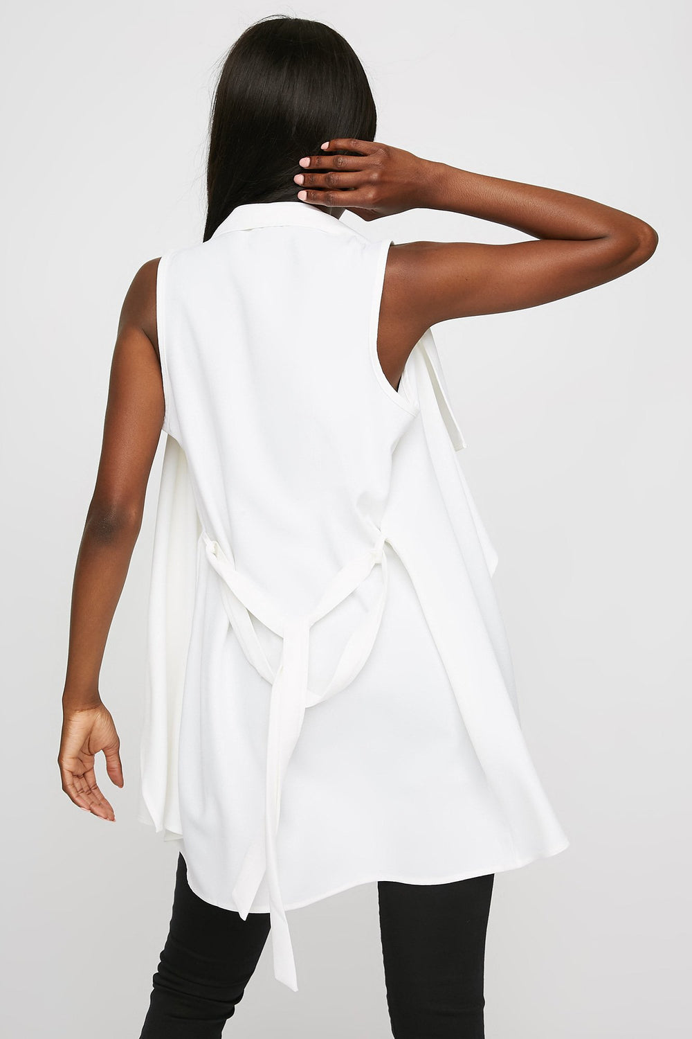 Women Veste long asymétrique ouvert avec ceinture Blanc