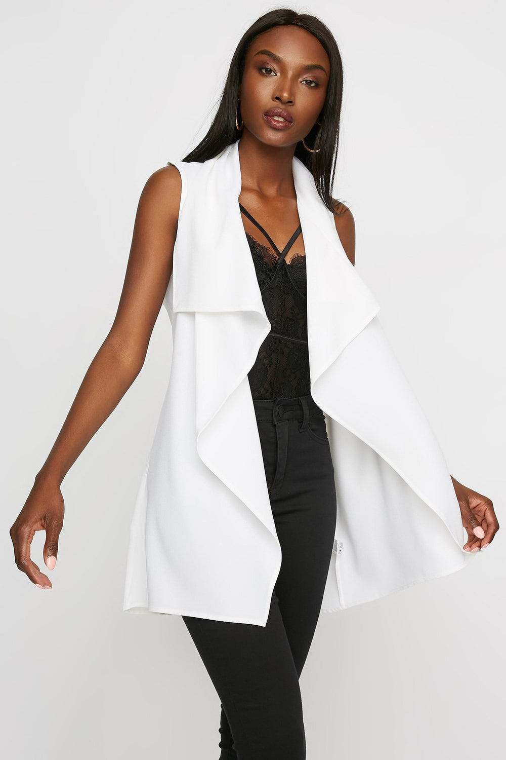 Women Veste long asymétrique ouvert avec ceinture Blanc