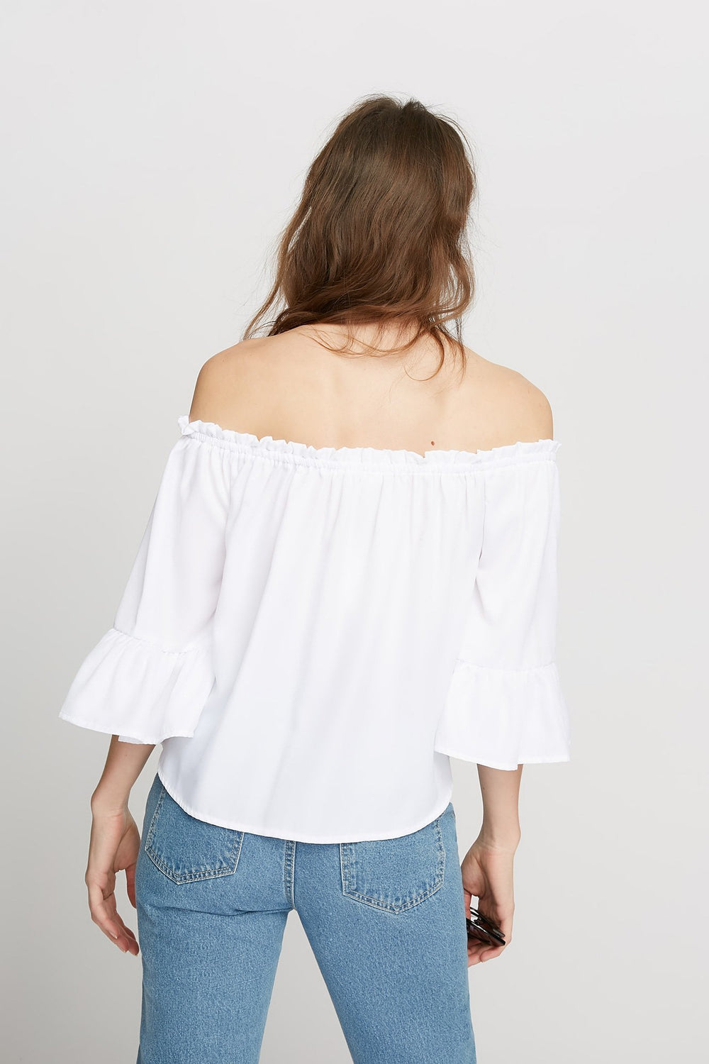 Women Blouse à manches évasées volantées avec broderies et épaules dénudées Blanc