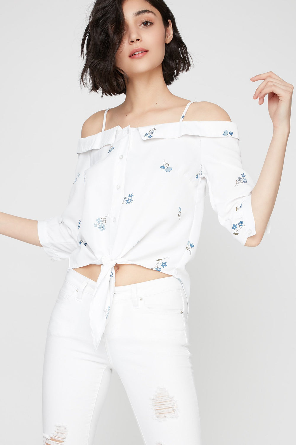 Women Blouse boutonnée fleurie nouée devant à épaules dénudées Blanc
