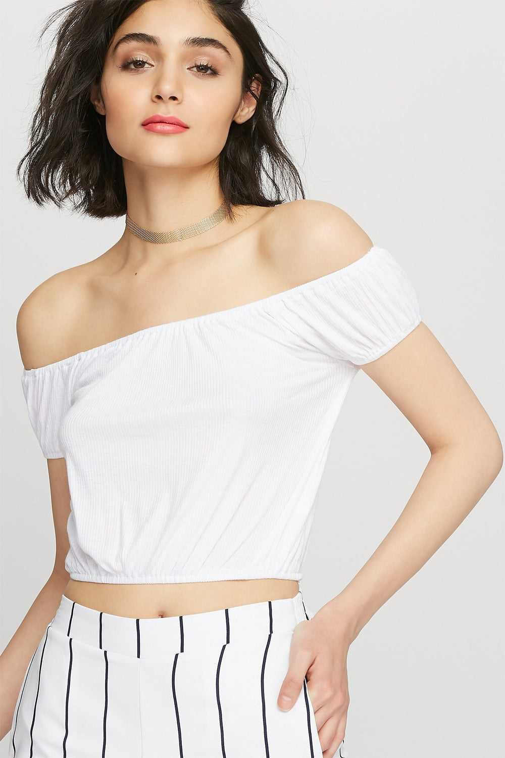 Women Blouse courte côtelée cintrée à épaules dénudées Blanc