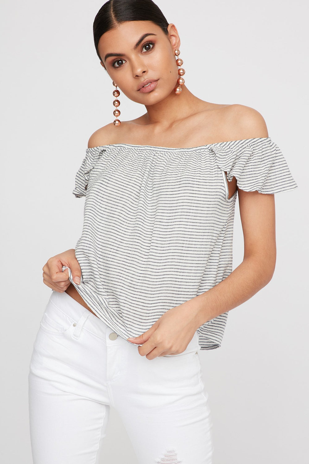 Women Blouse rayée à épaules dénudées Blanc