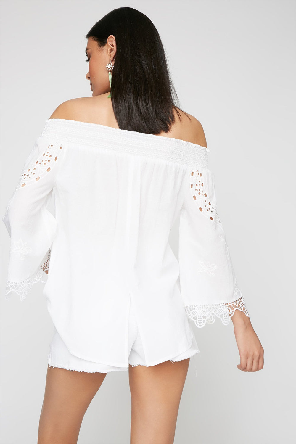 Women Blouse smockée crochetée à épaules dénudées Blanc