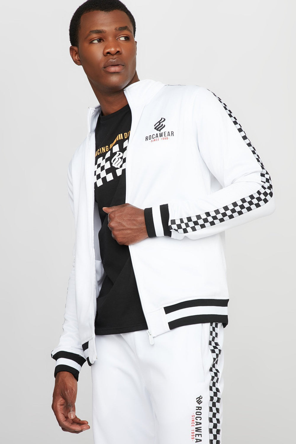 Men Blouson d'entraînement Rocawear à carreaux avec rayures latérales Blanc