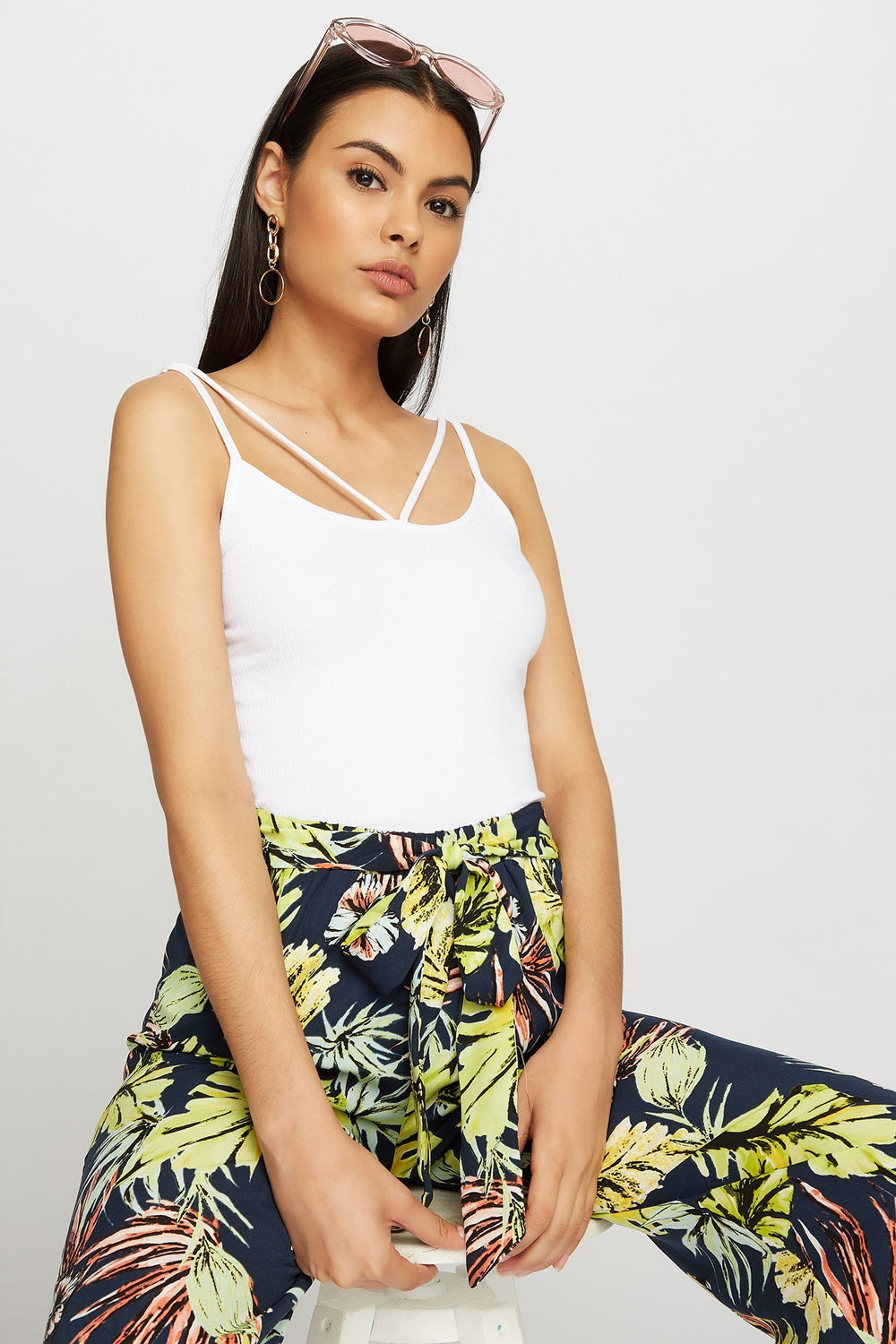 Women Camisole côtelée à motif de cage Blanc