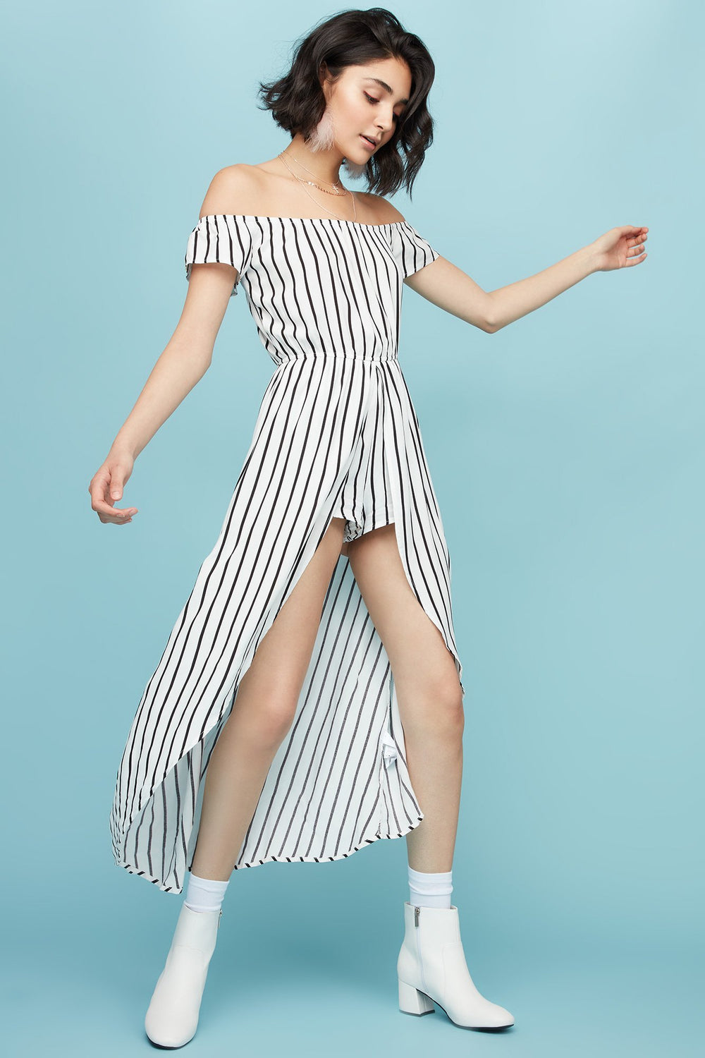 Women Combi-short rayé à épaules dénudées Blanc