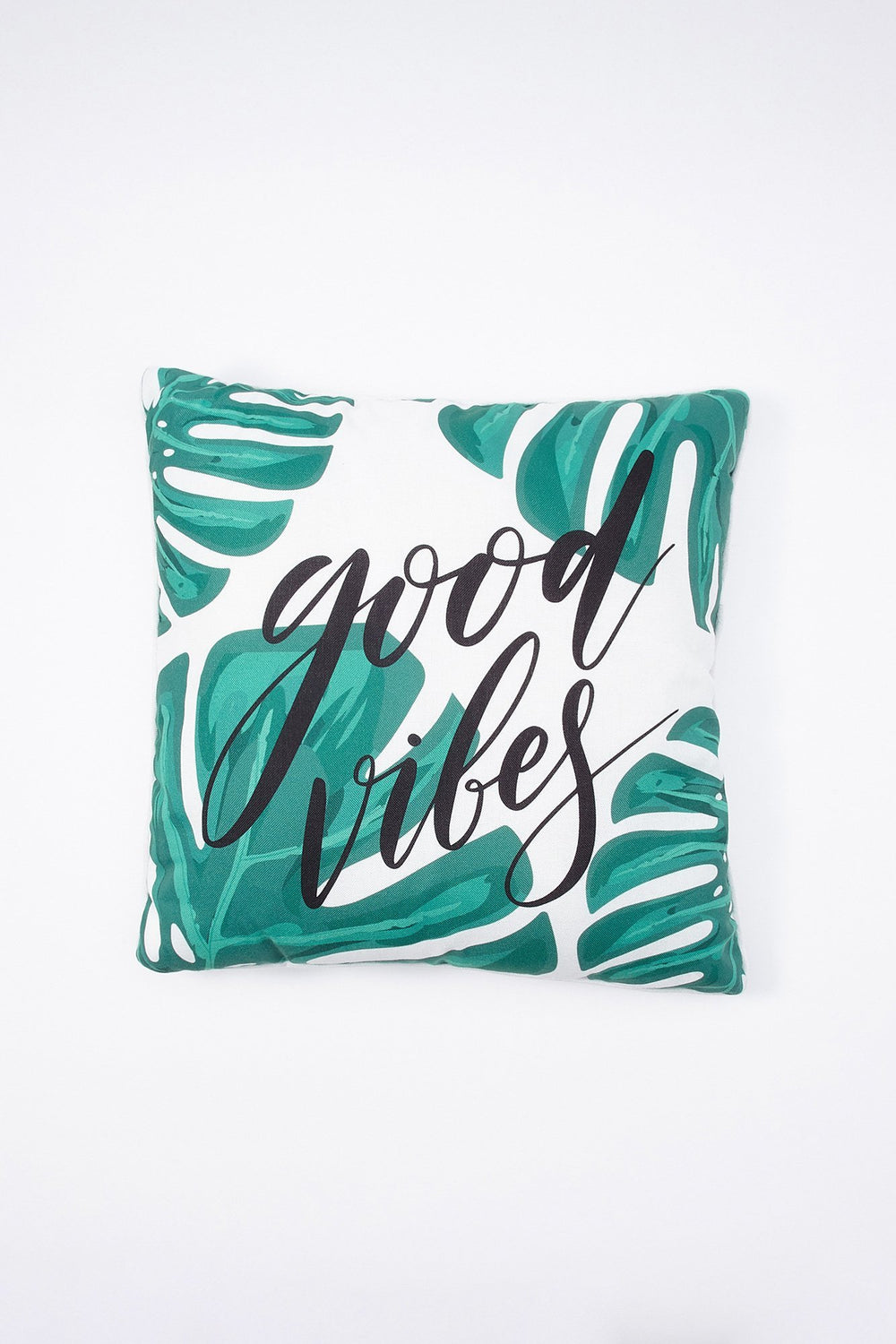 Women Coussin décoratif en toile à imprimé Good Vibes avec plante tropicale Blanc
