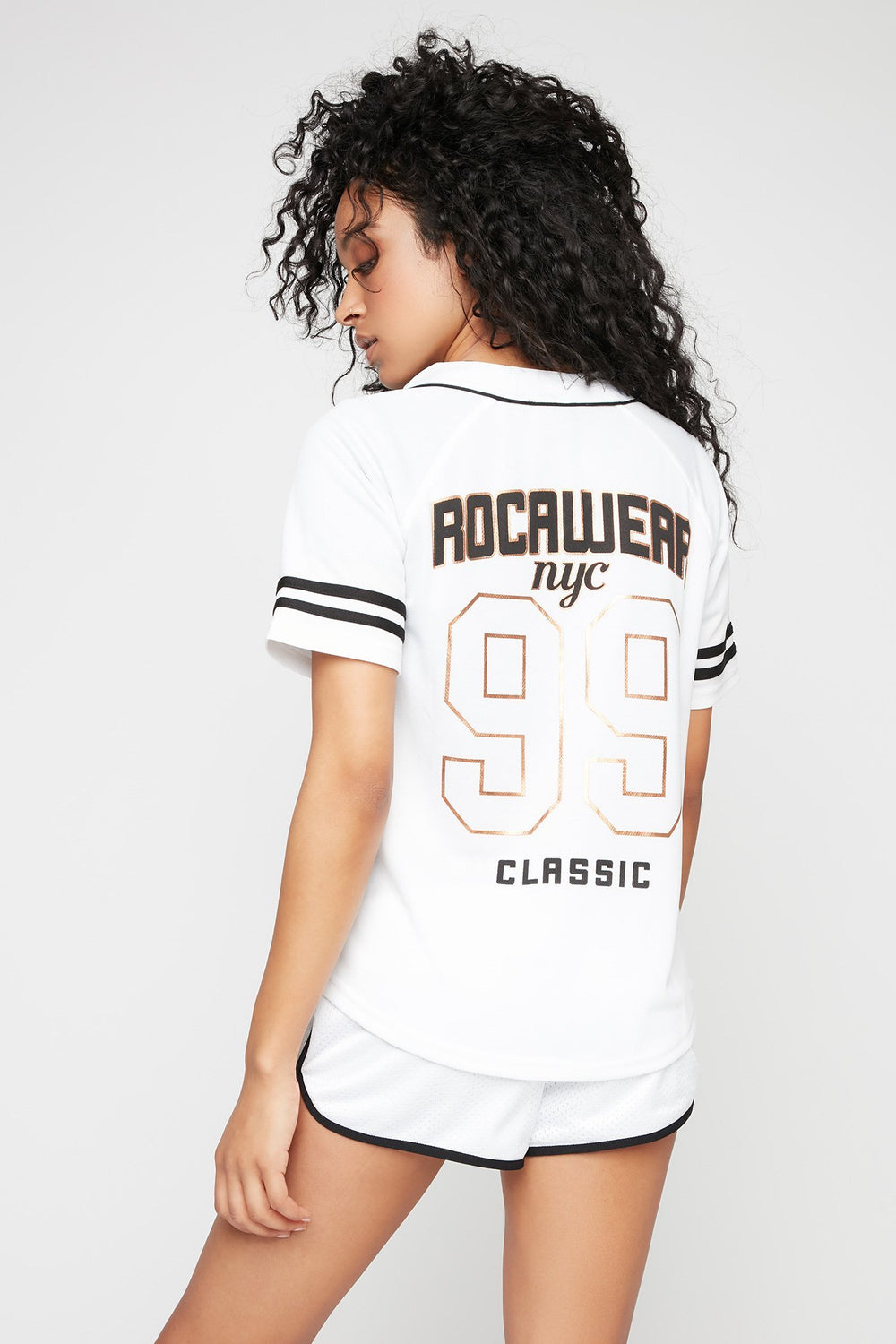 Women Jersey de baseball Rocawear rayé de style universitaire Blanc