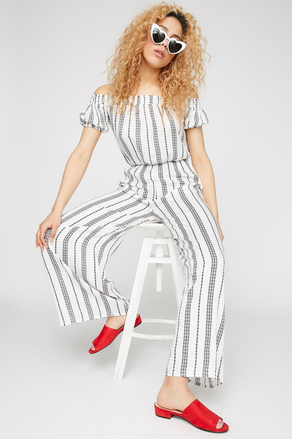 Women Jupe-culotte à jambe évasée rayée à taille haute Blanc
