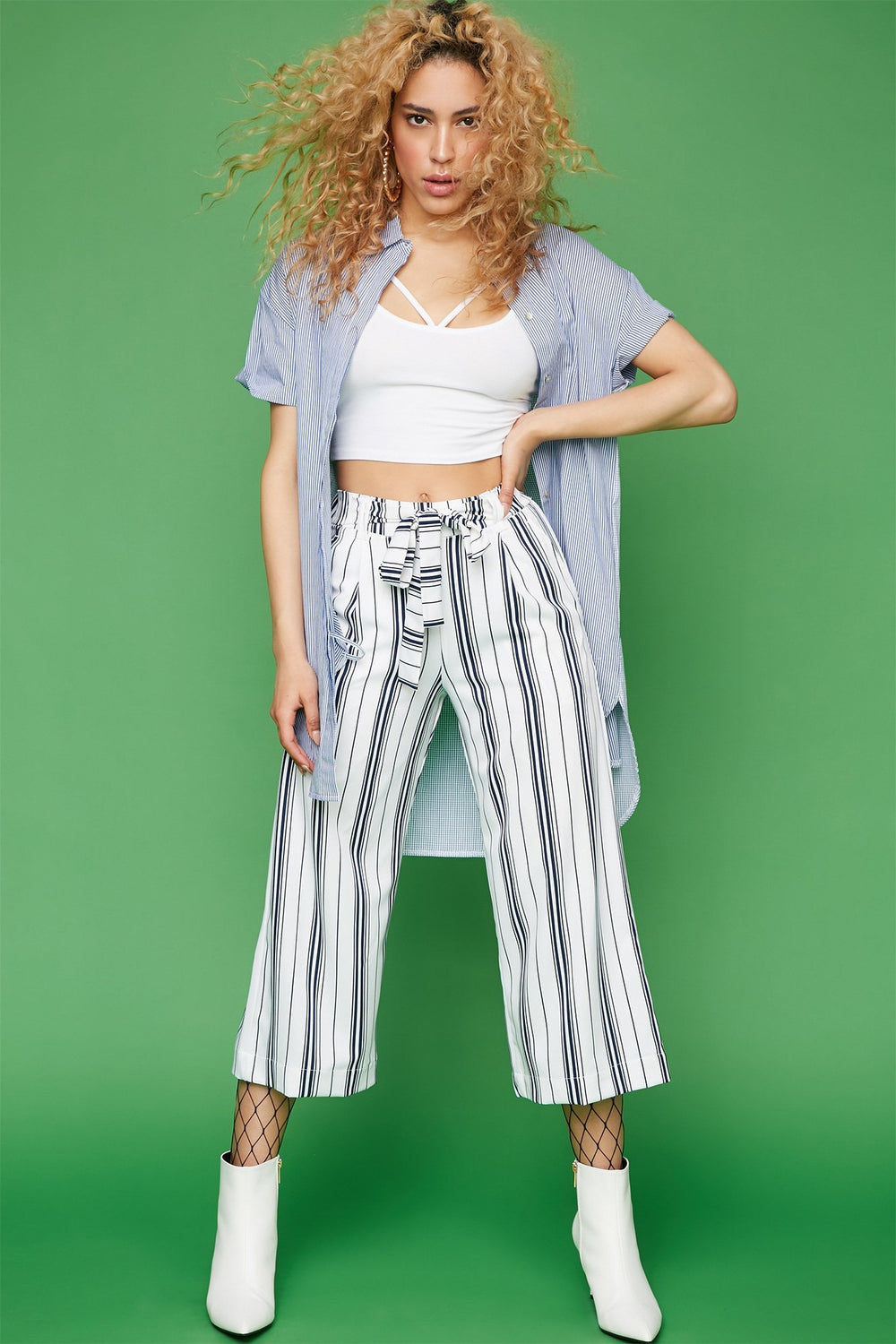 Women Jupe-culotte rayée à taille haute avec attache Blanc