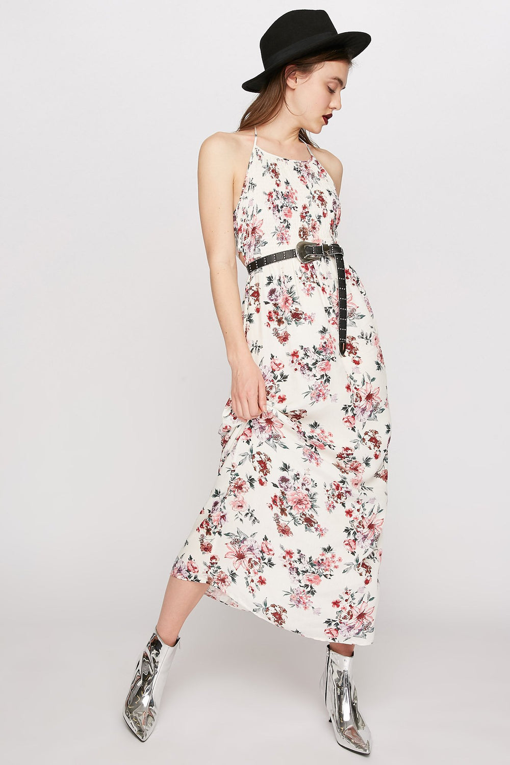 Women Robe bain-de-soleil maxi fleurie à dos ouvert Blanc
