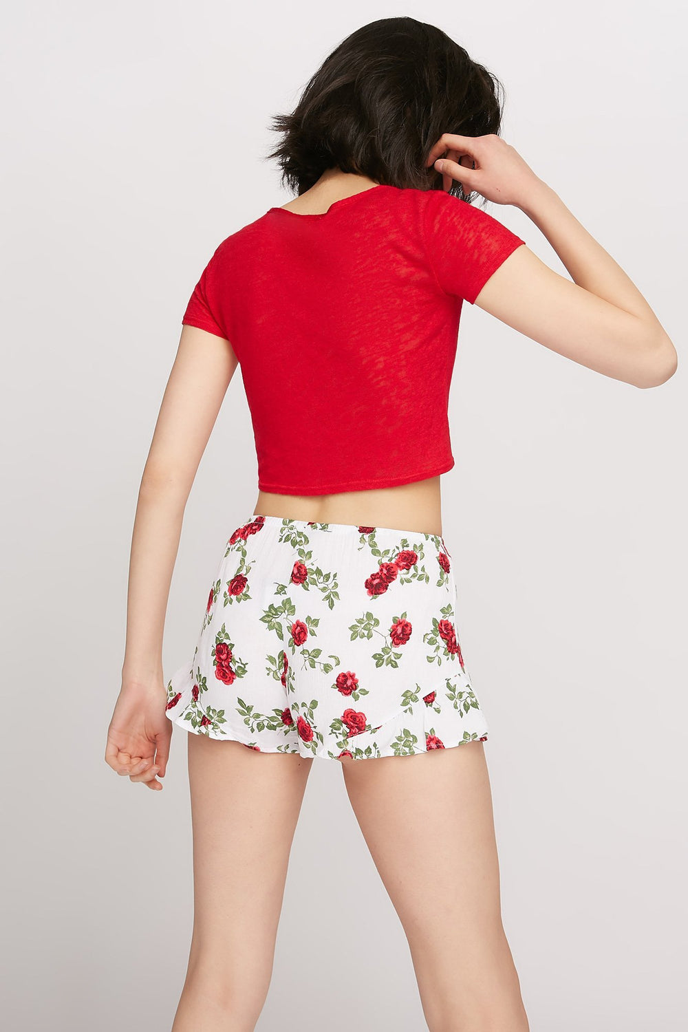 Women Short à enfiler léger volanté fleuri Blanc
