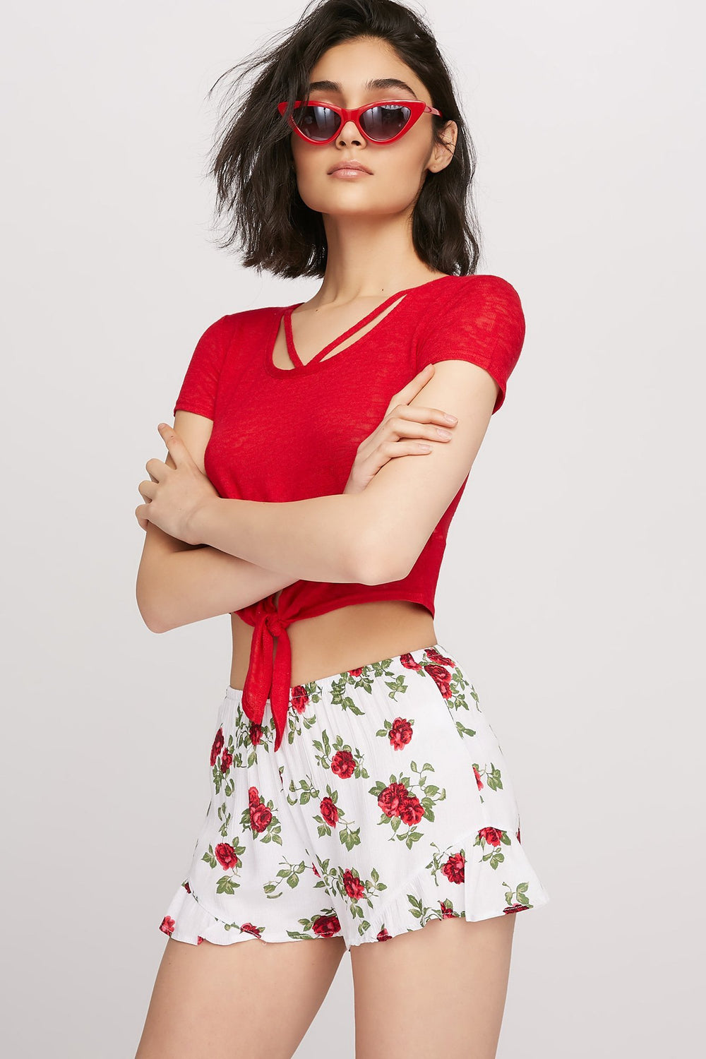 Women Short à enfiler léger volanté fleuri Blanc