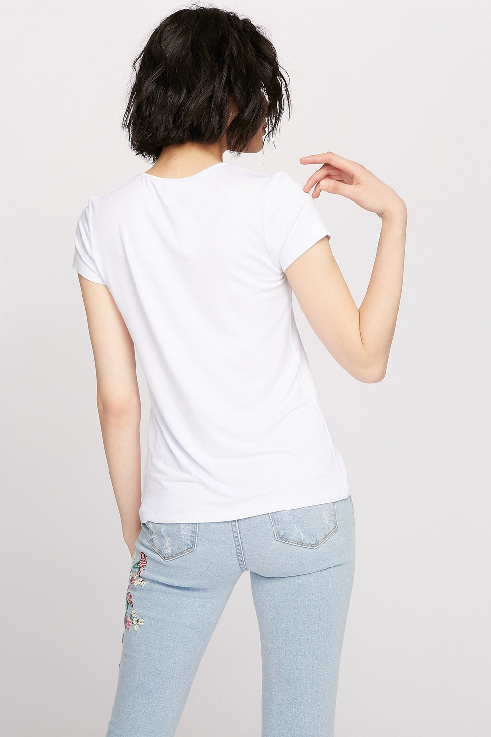 Women T-shirt à motif de cage et encolure arrondie Blanc